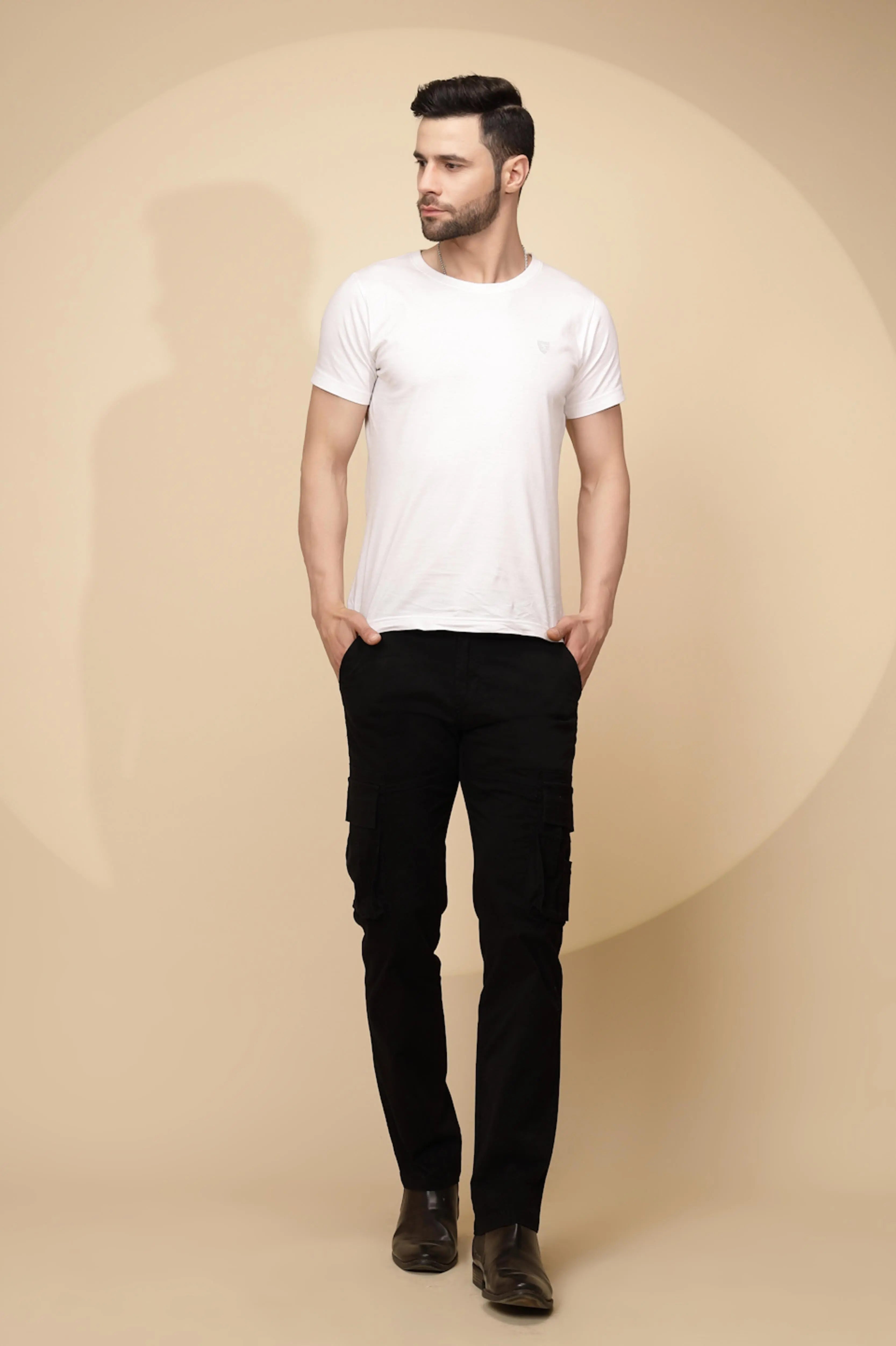 Black Cotton Blend Regular Fit Cargo For Men - Global Republic