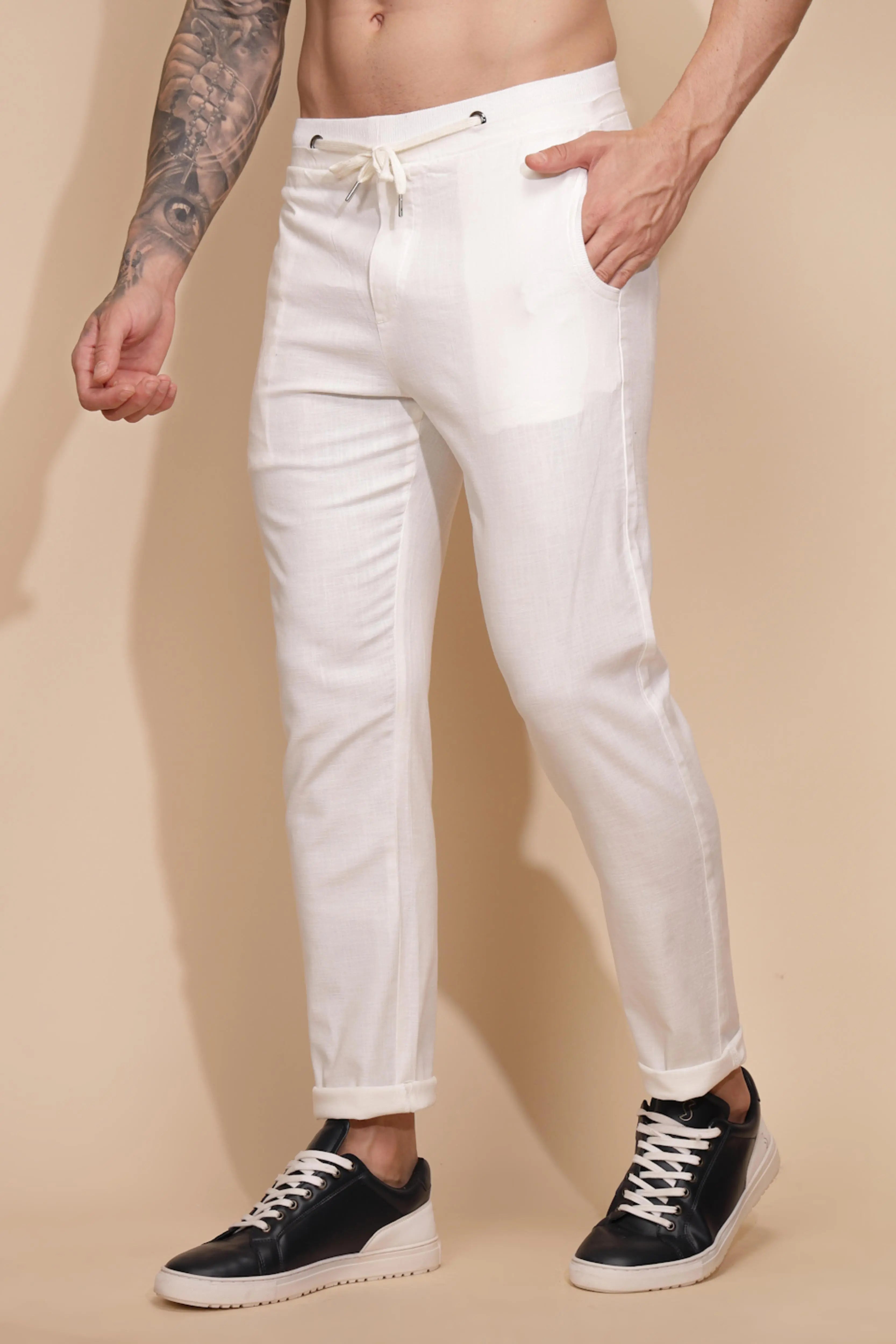 White Cotton Linen Relaxed Fit Lower - Global Republic