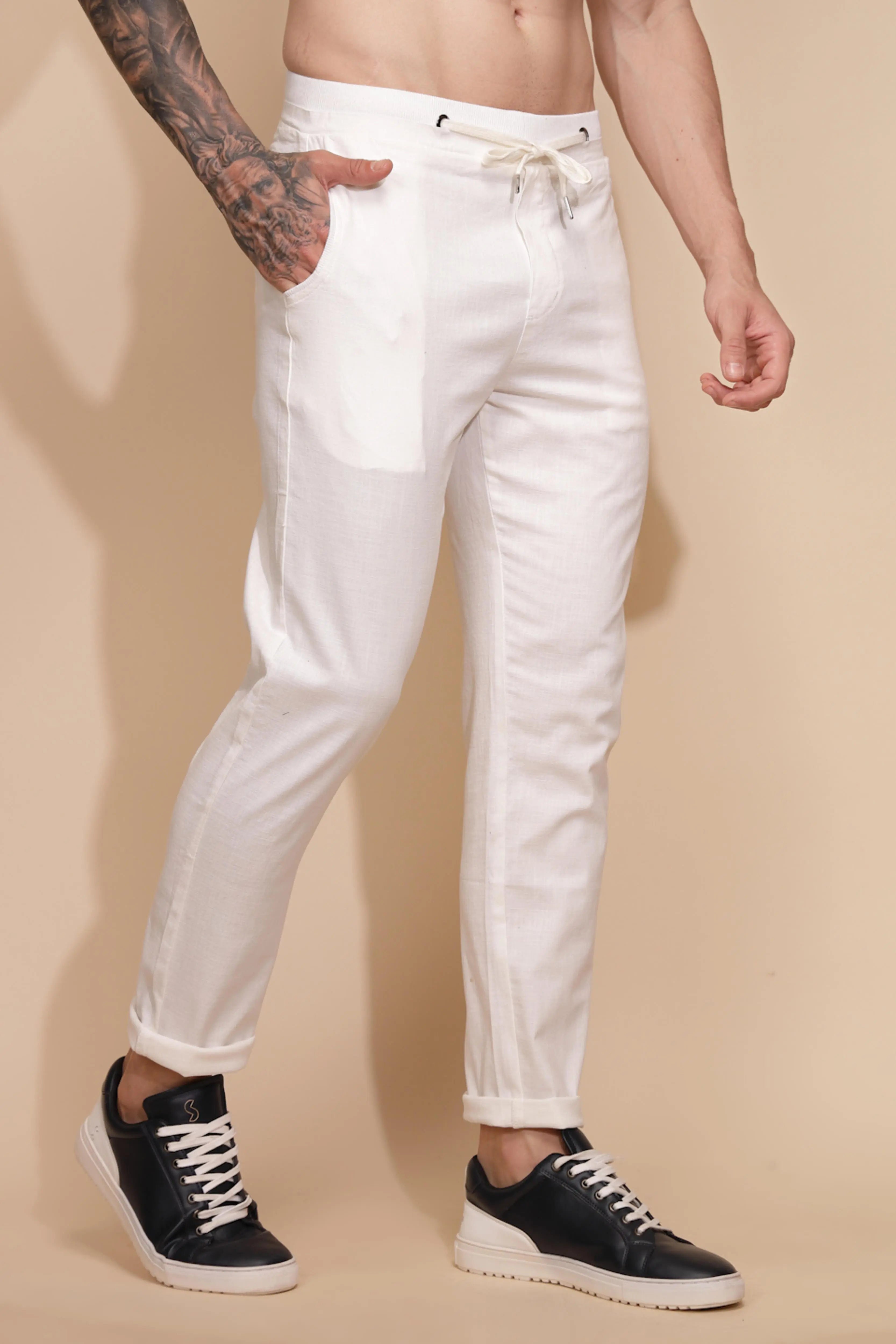 White Cotton Linen Relaxed Fit Lower - Global Republic