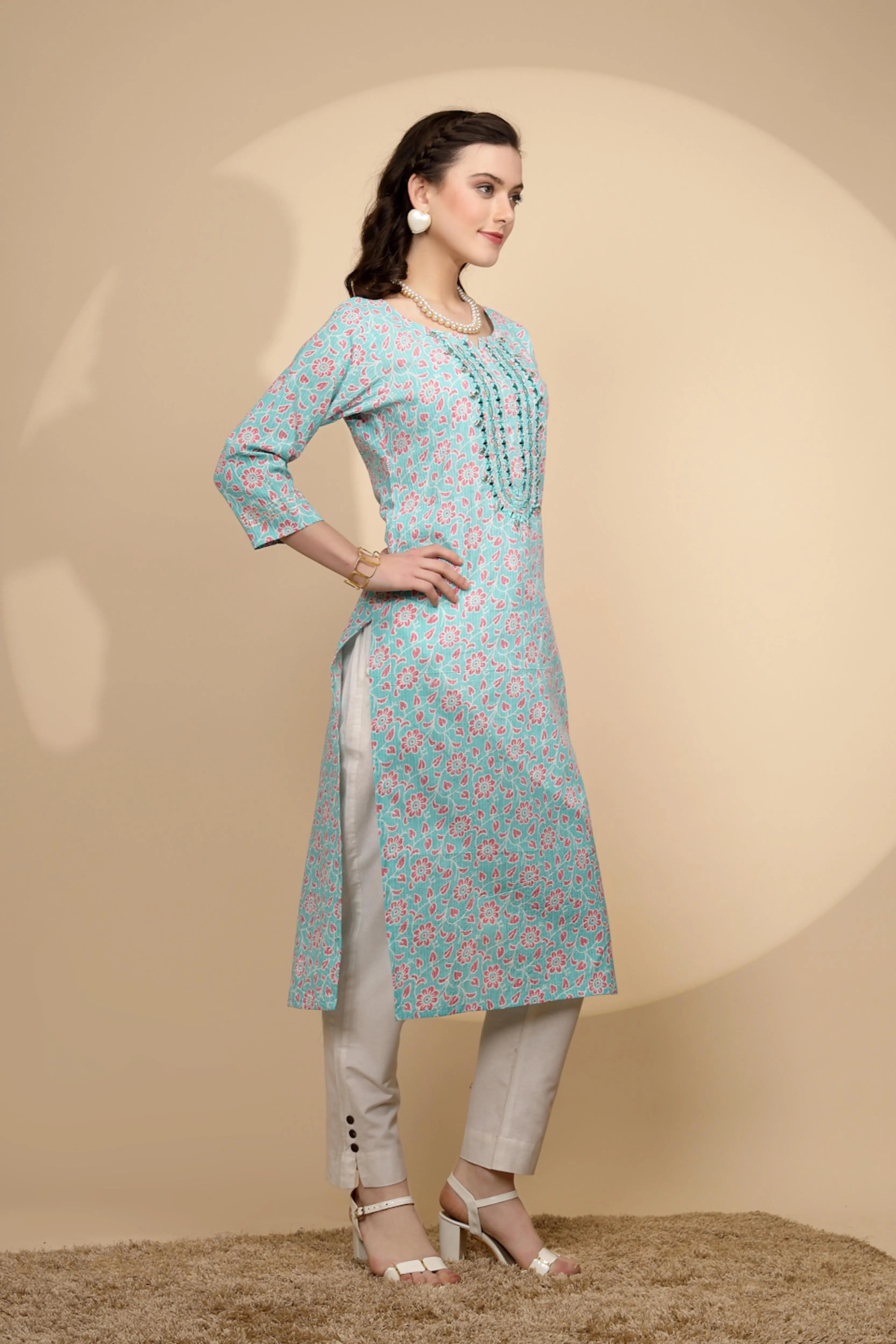 Firozi Cotton Regular Fit Kurta For Women - Global Republic