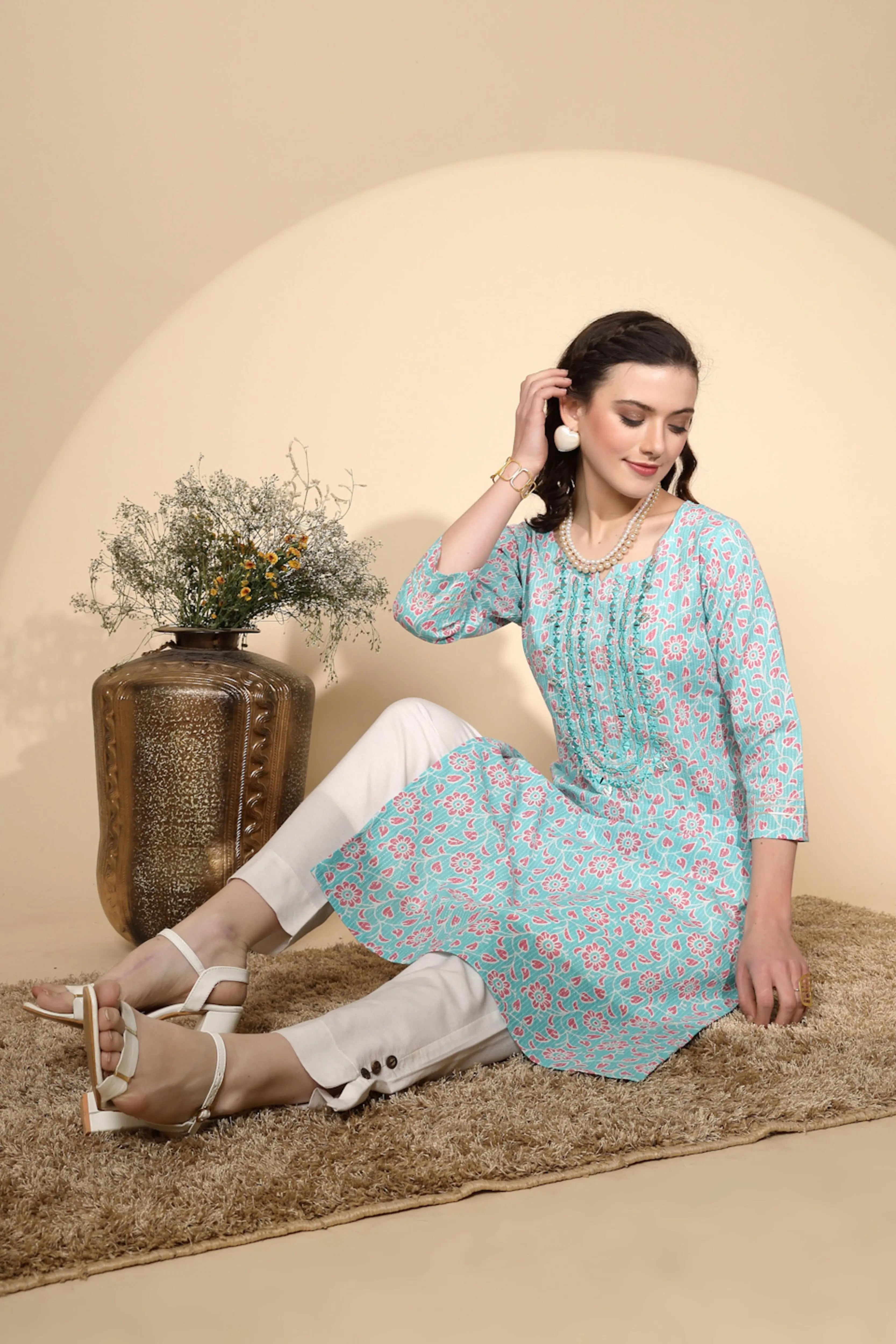Firozi Cotton Regular Fit Kurta For Women - Global Republic