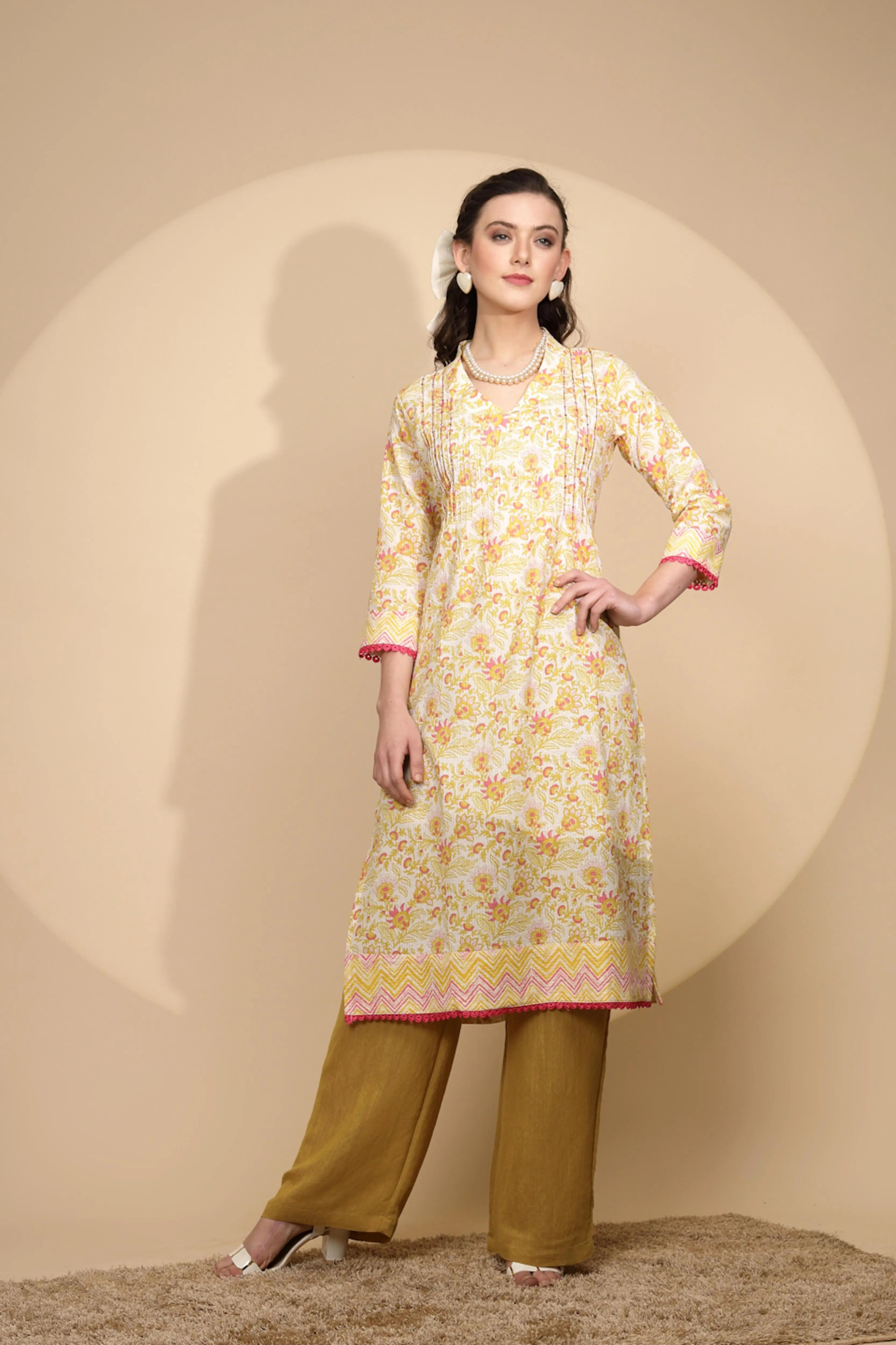 Yellow Floral Printed Cotton Kurta - Global Republic