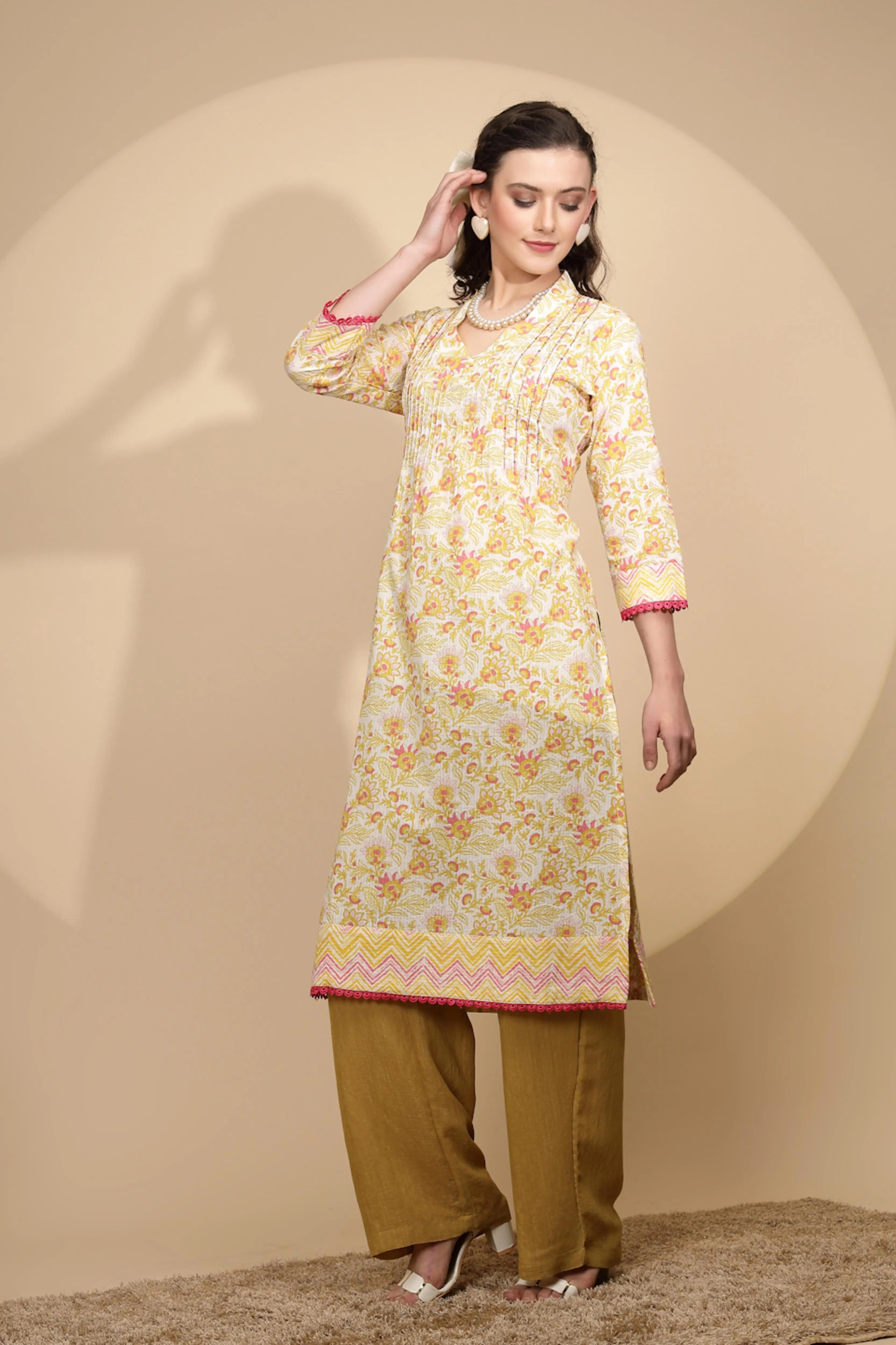 Yellow Floral Printed Cotton Kurta - Global Republic