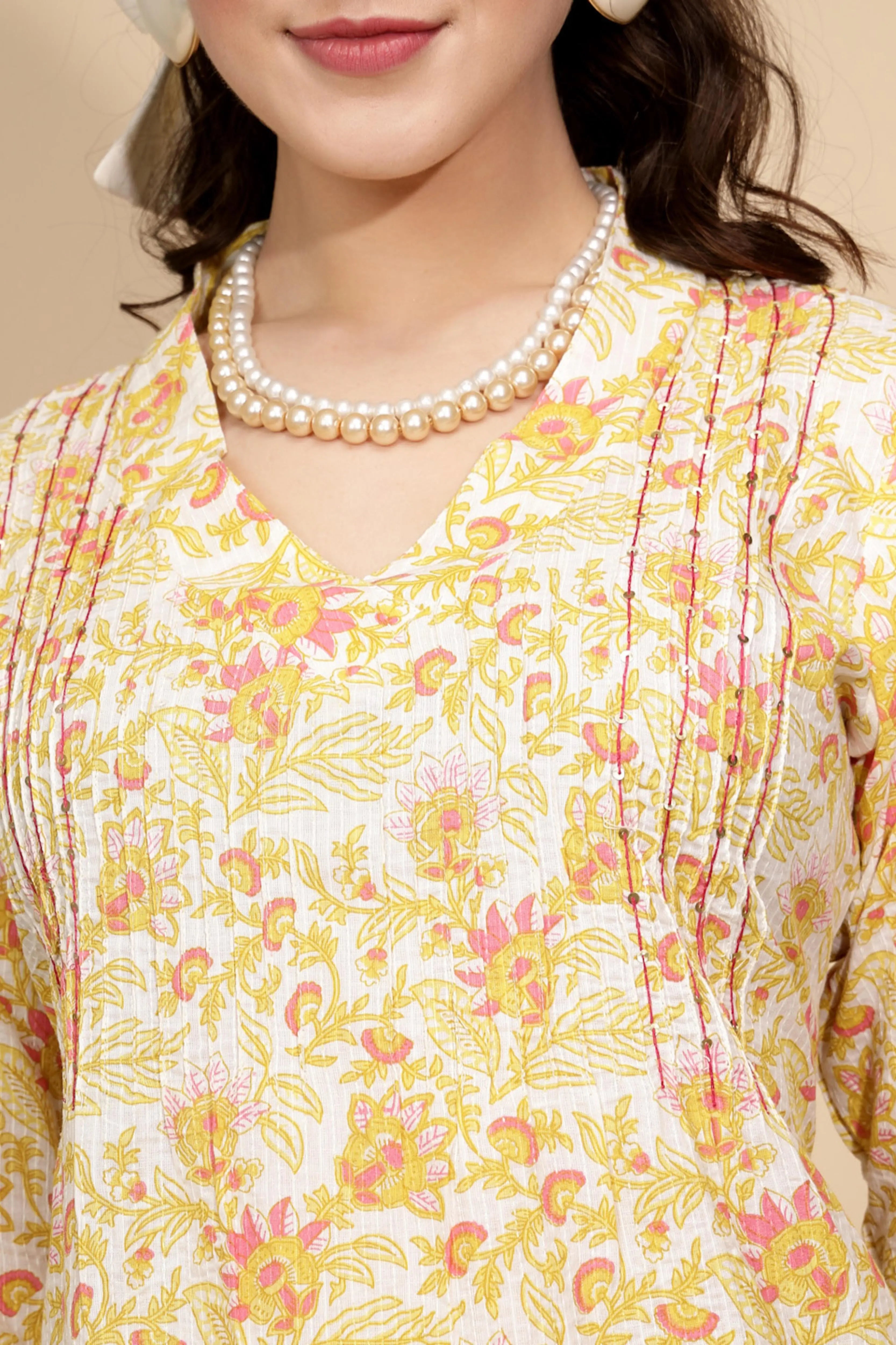 Yellow Floral Printed Cotton Kurta - Global Republic