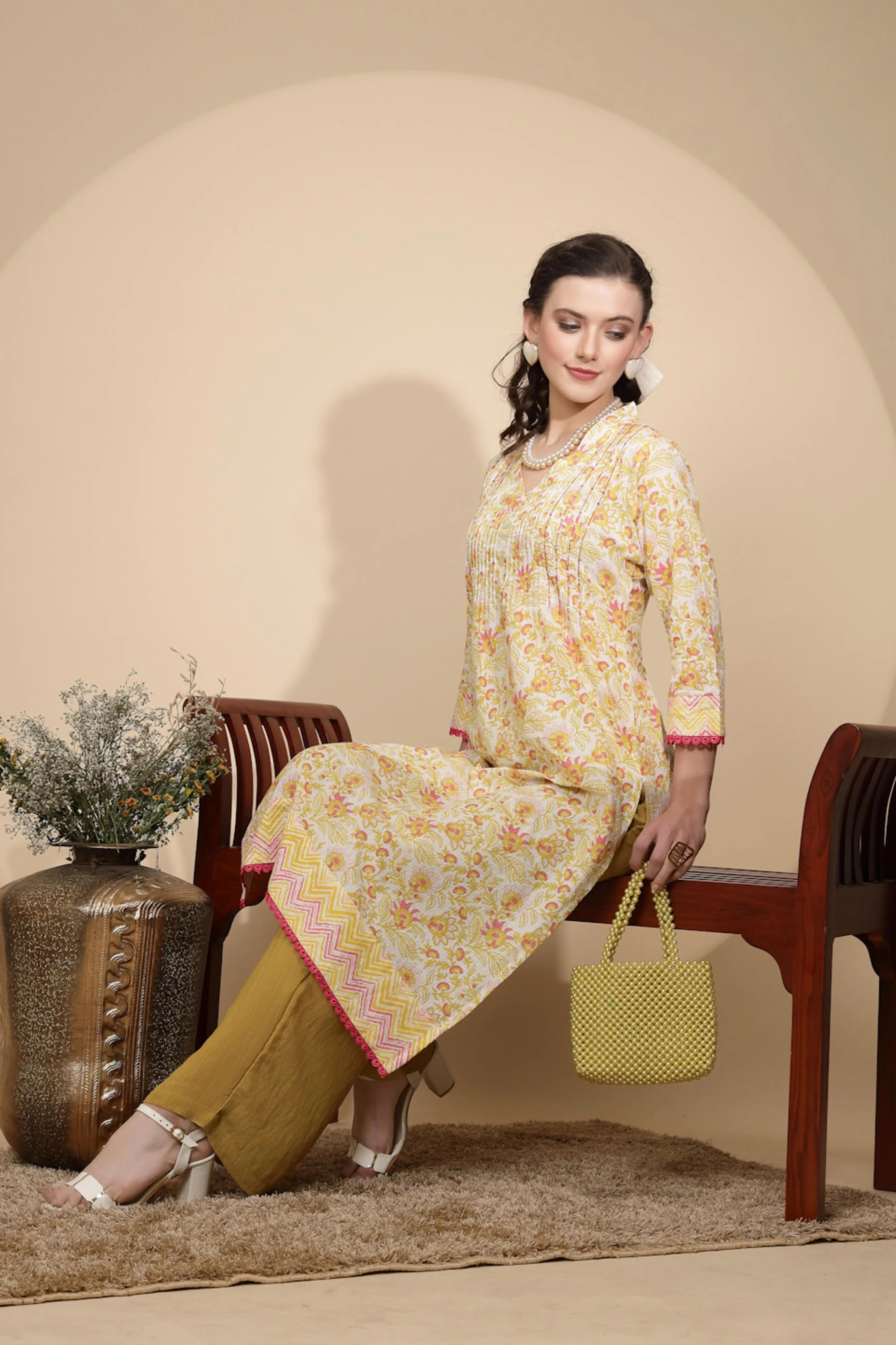 Yellow Floral Printed Cotton Kurta - Global Republic