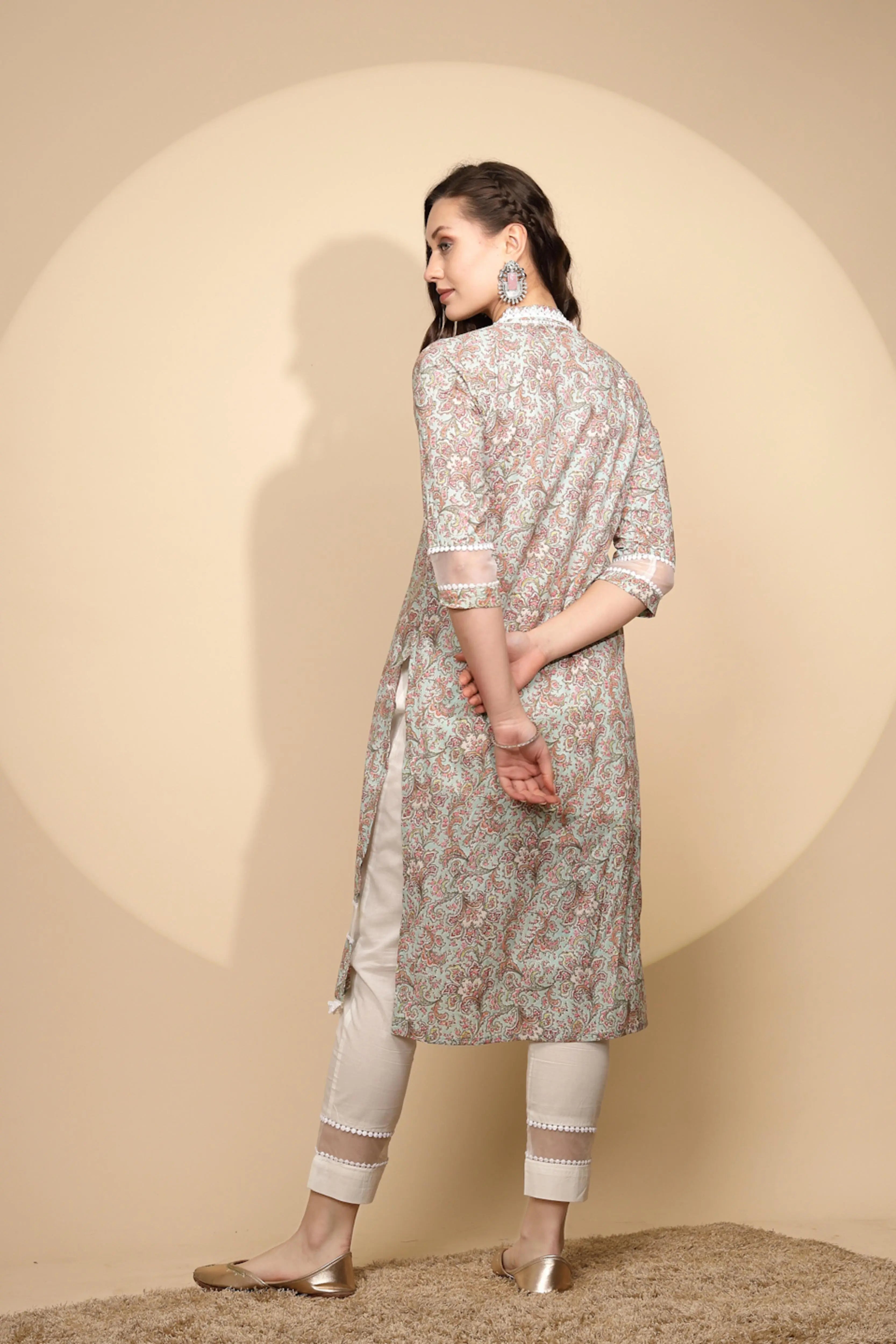 Light Green Cotton Regular Fit Kurta Set For Women - Global Republic