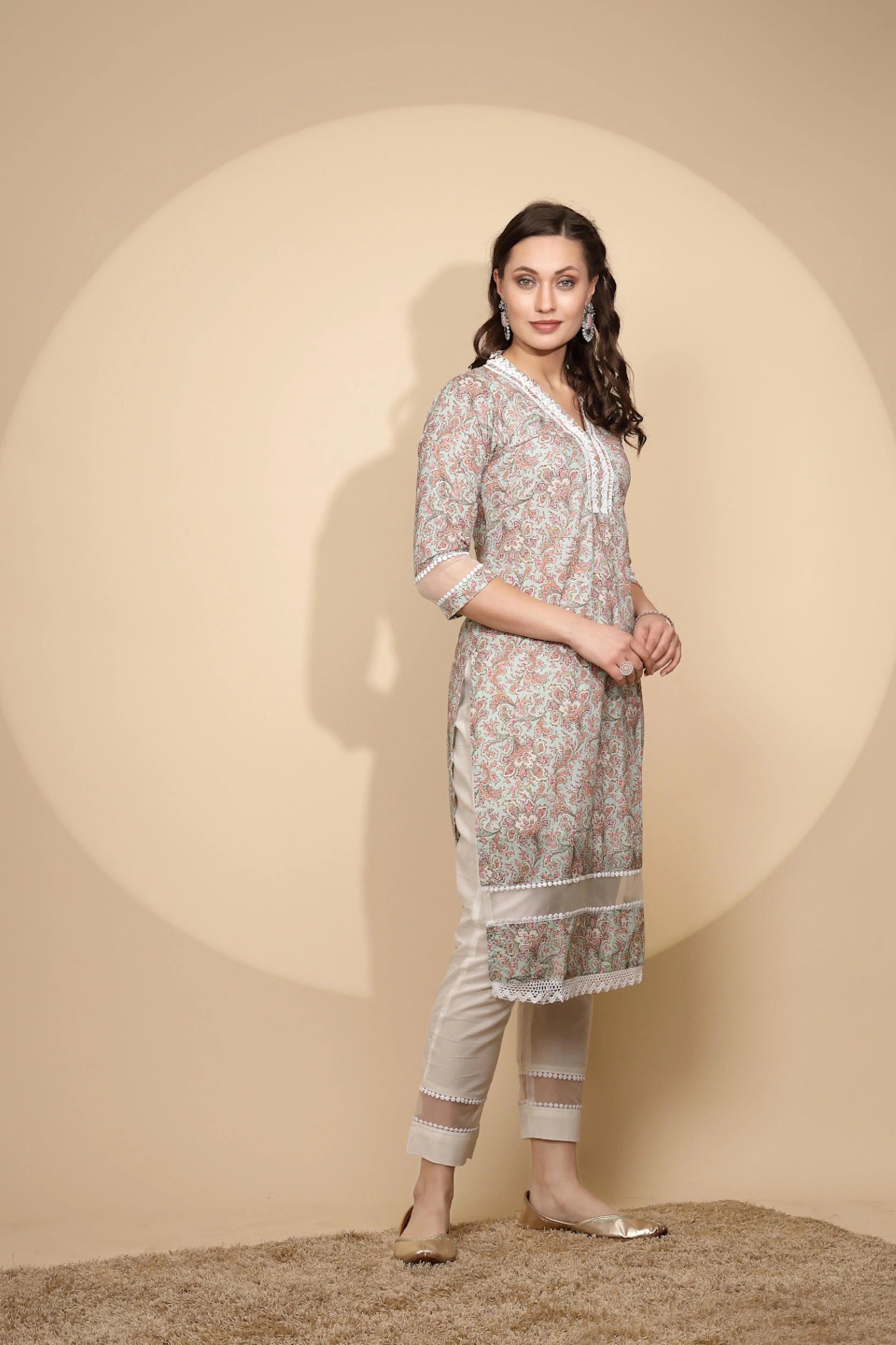 Light Green Cotton Regular Fit Kurta Set For Women - Global Republic