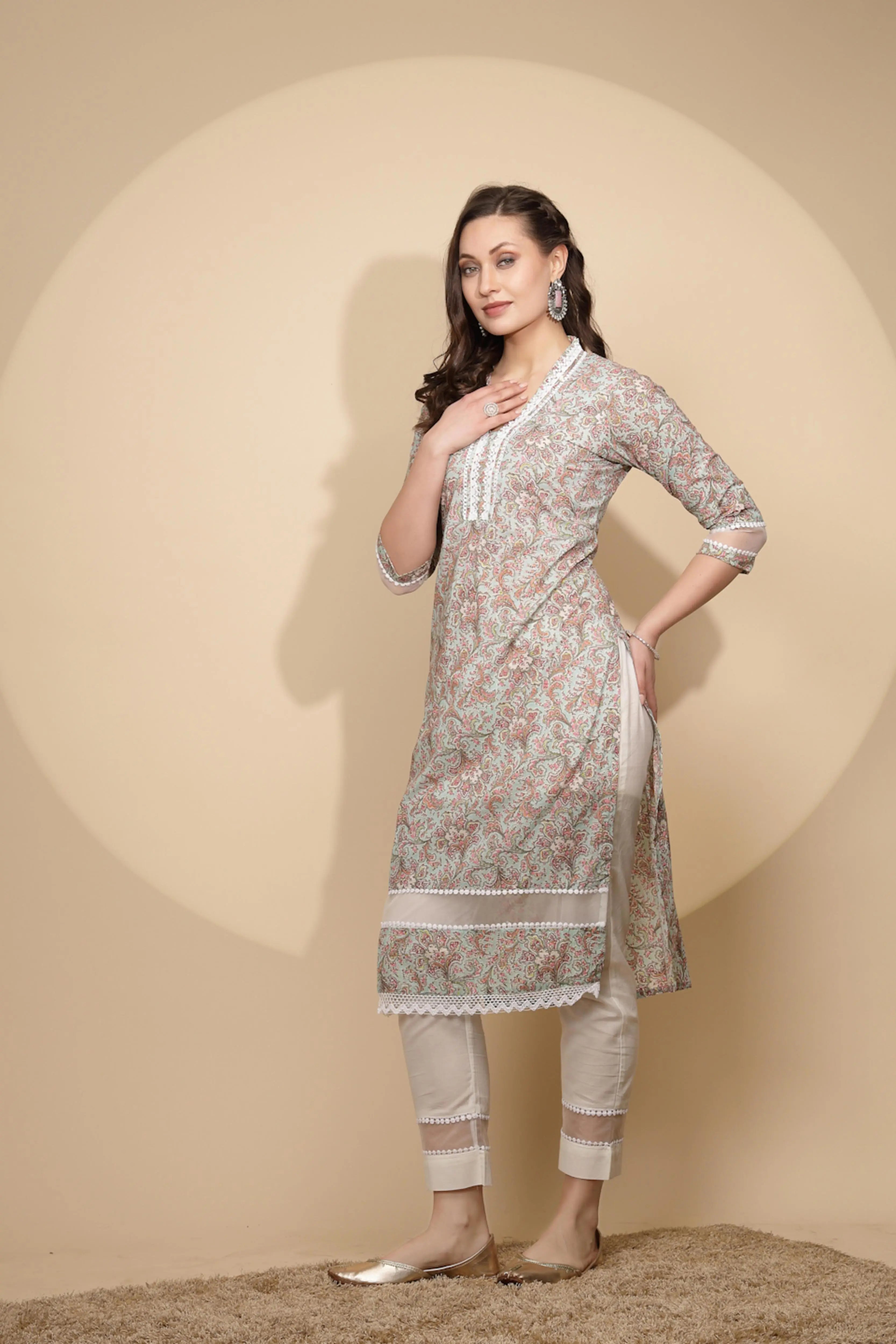 Light Green Cotton Regular Fit Kurta Set For Women - Global Republic