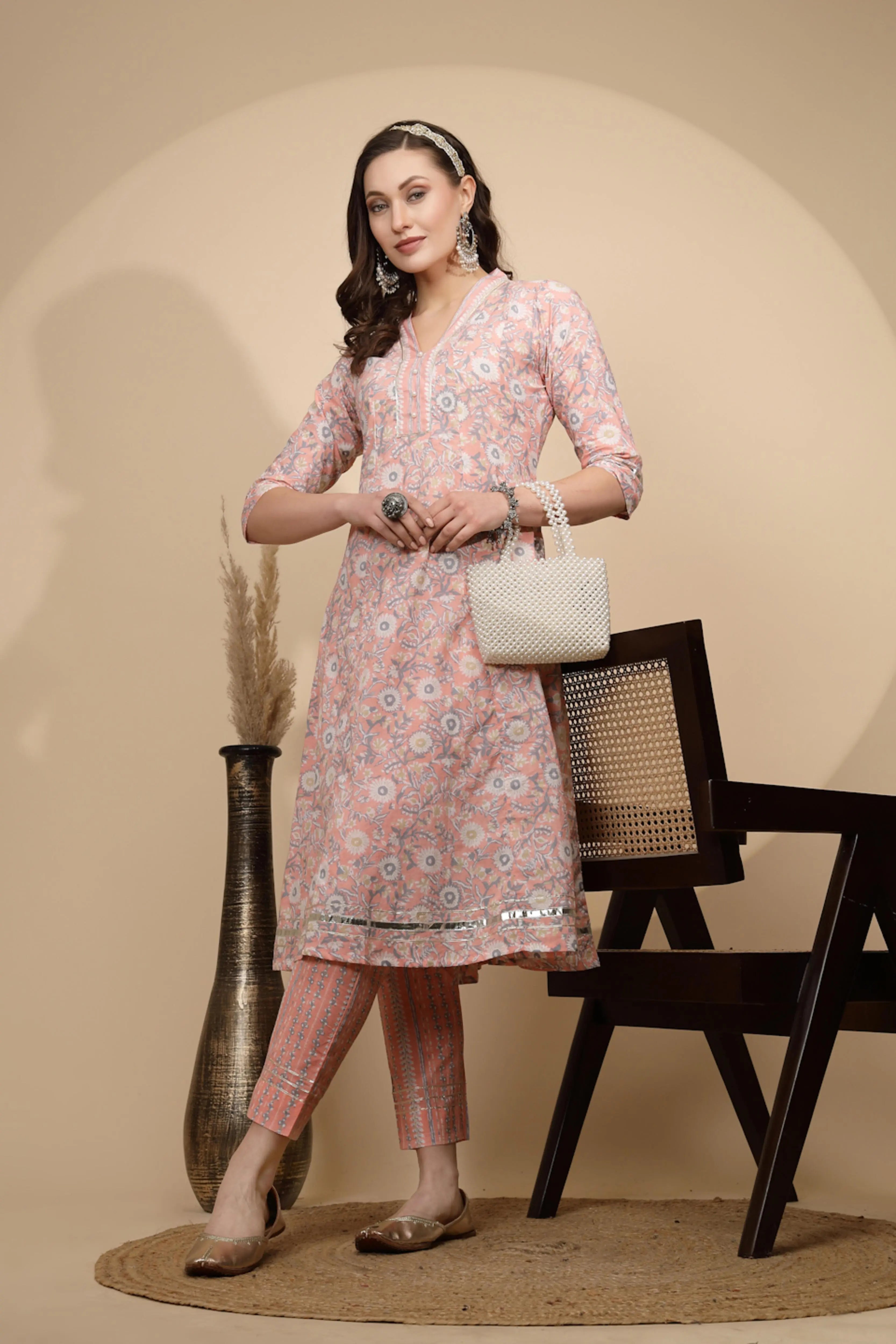 Peach Cotton Regular Fit Kurta Set - Global Republic