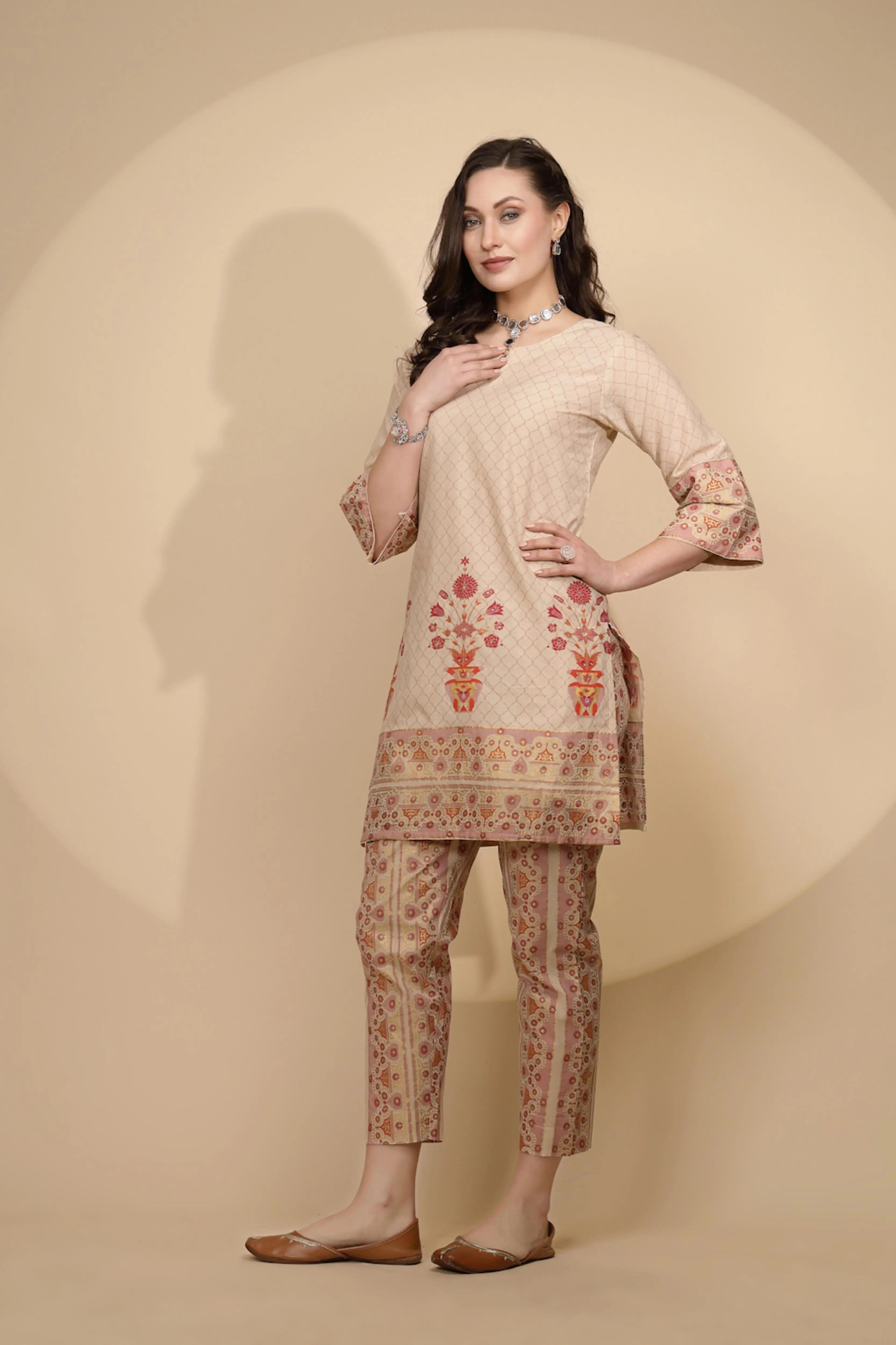 Beige Cotton Regular Fit Kurta Set For Women - Global Republic
