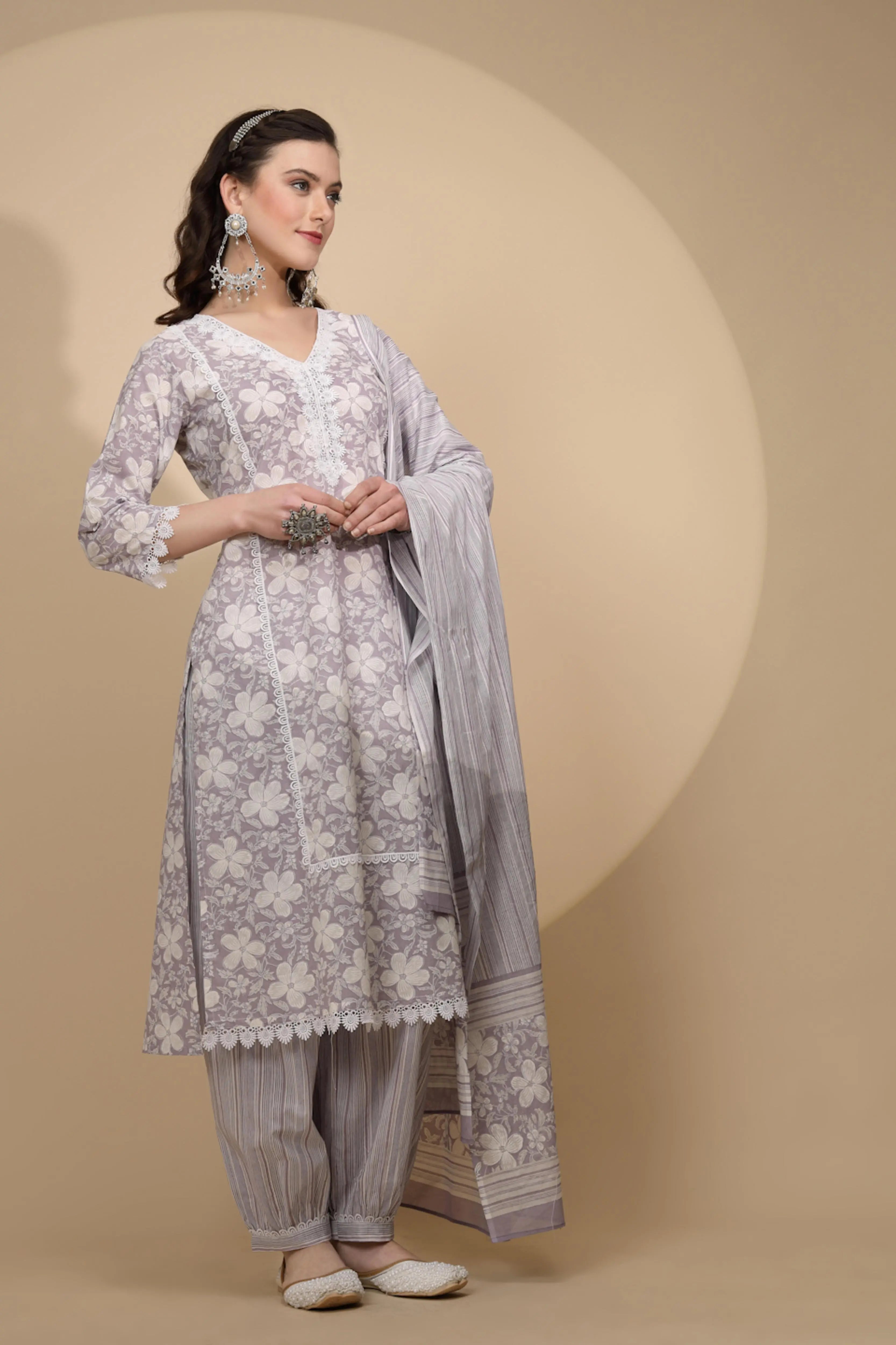 Lilac Cotton Regular Fit Suit Set For Women - Global Republic