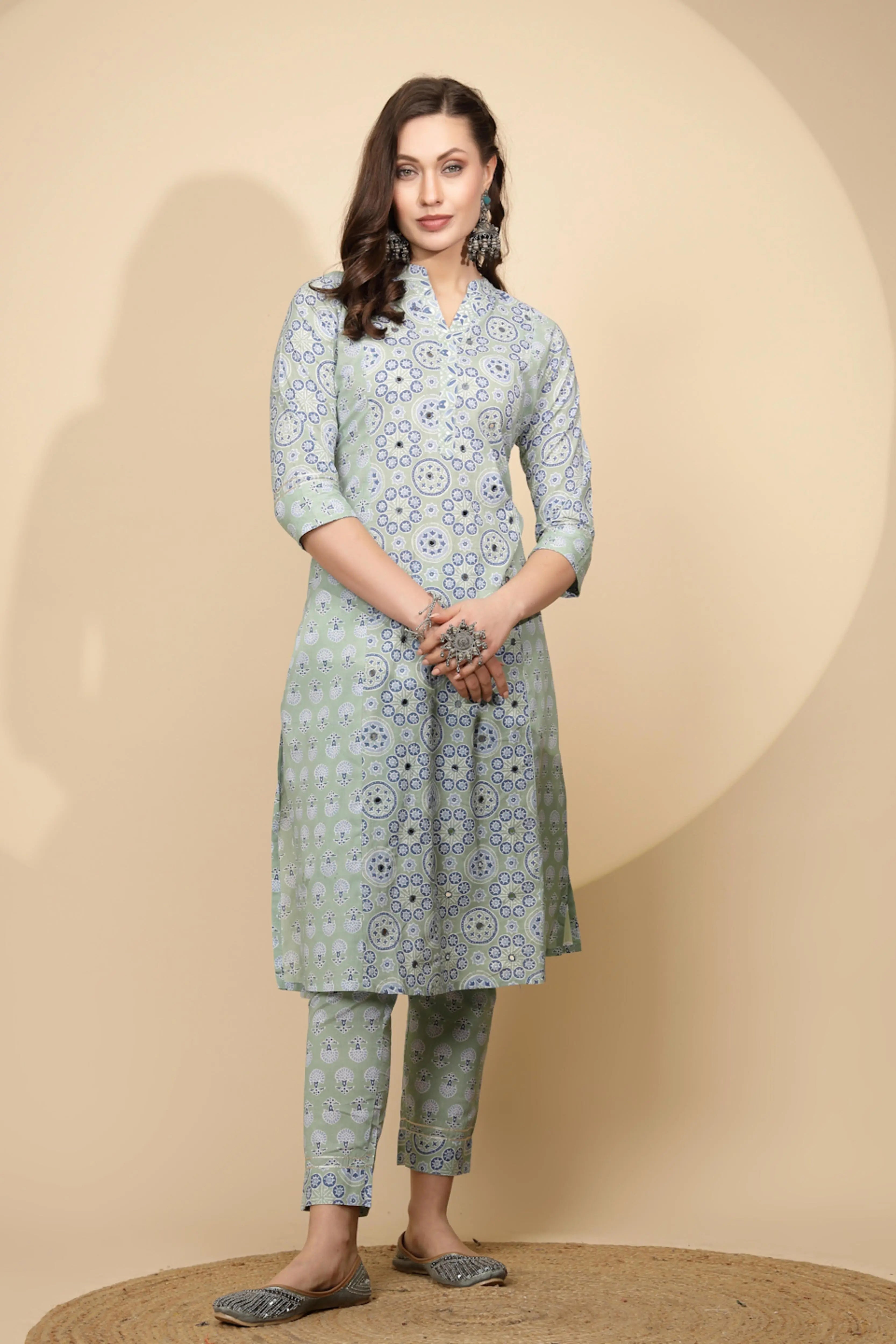 Light Blue Cotton Regular Fit Kurta Set For Women - Global Republic
