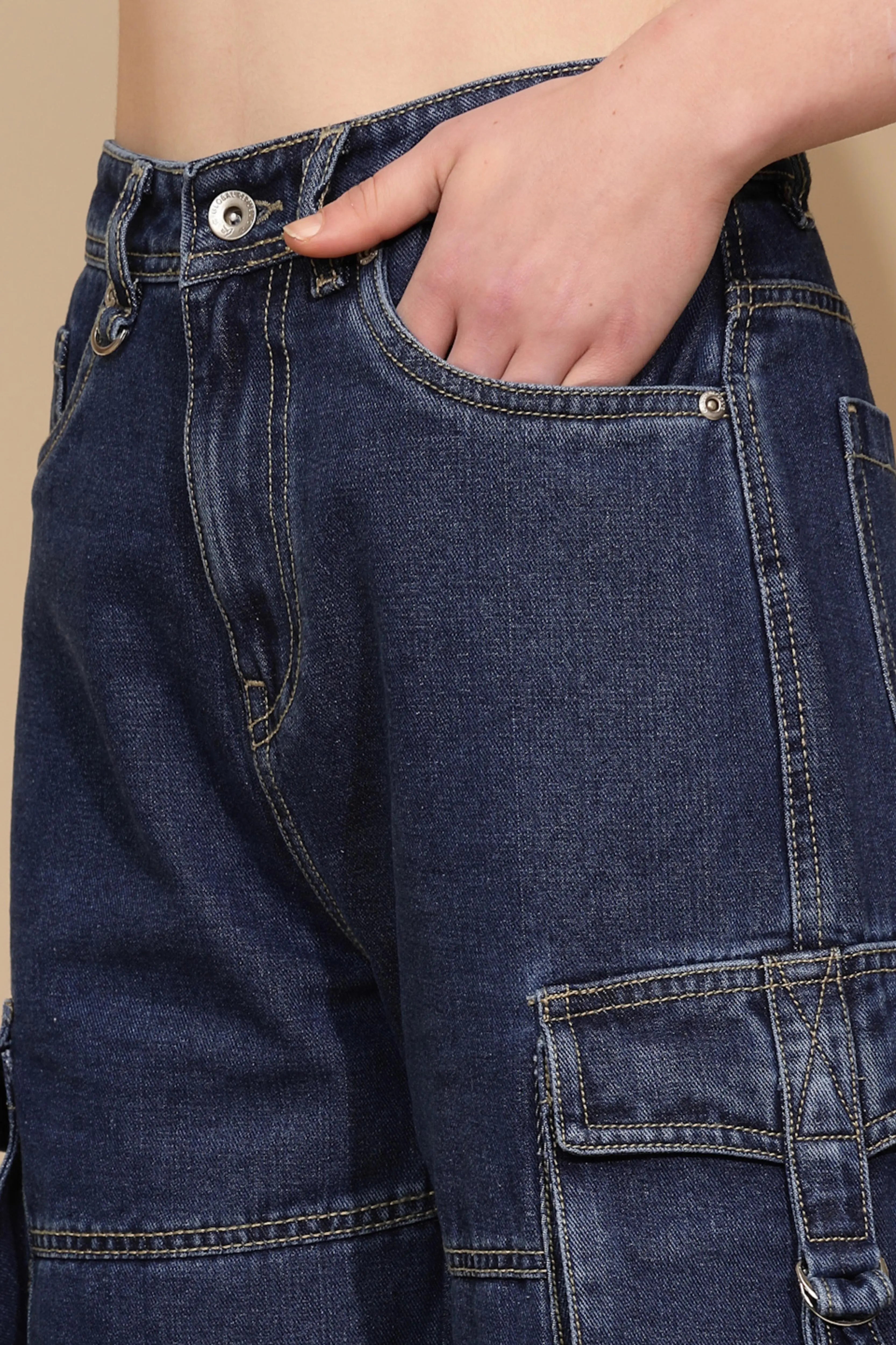 Blue Cotton Blend Relaxed Fit Cargo - Global Republic