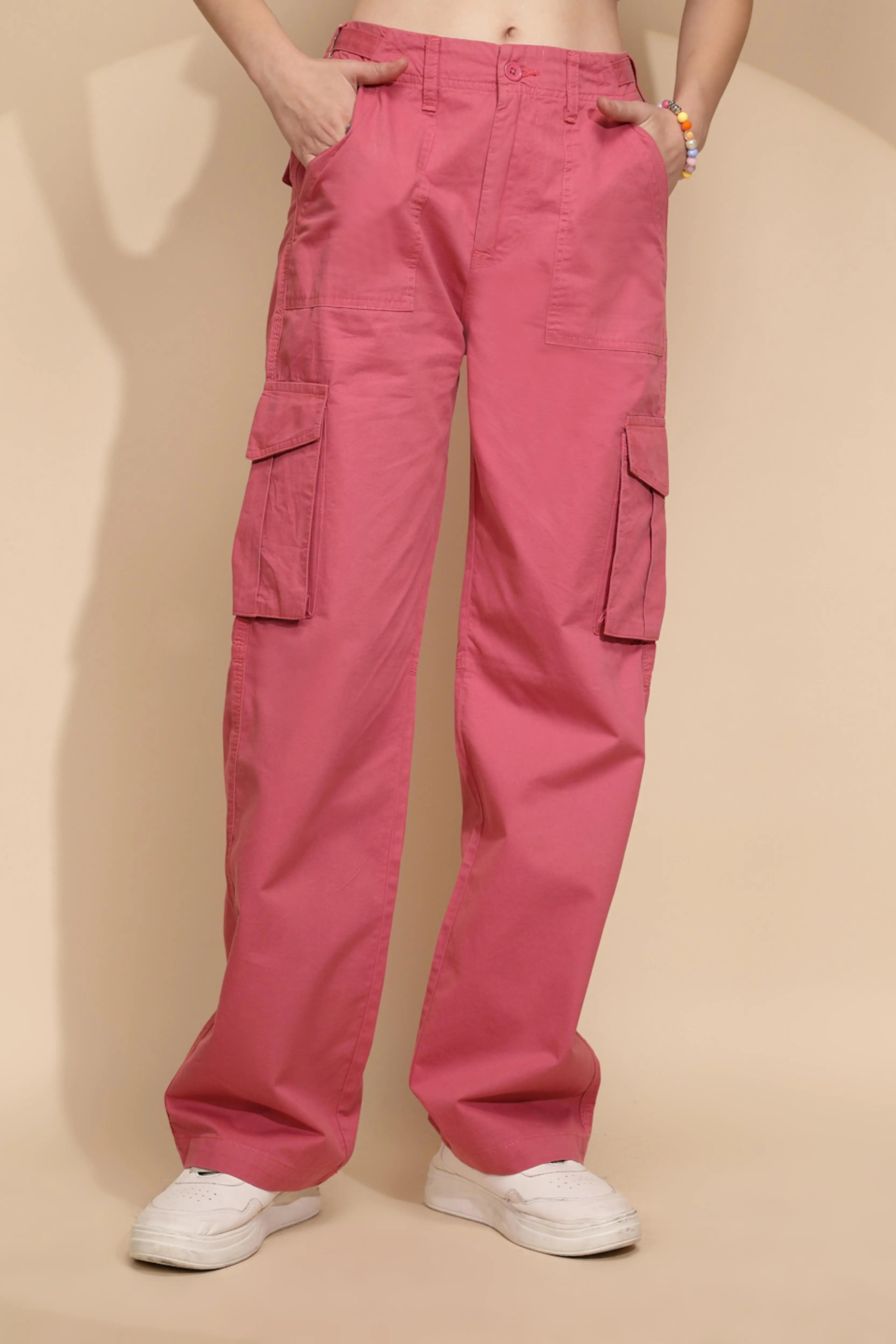 Peach Cotton Straight Relaxed Fit Cargo For Women - Global Republic