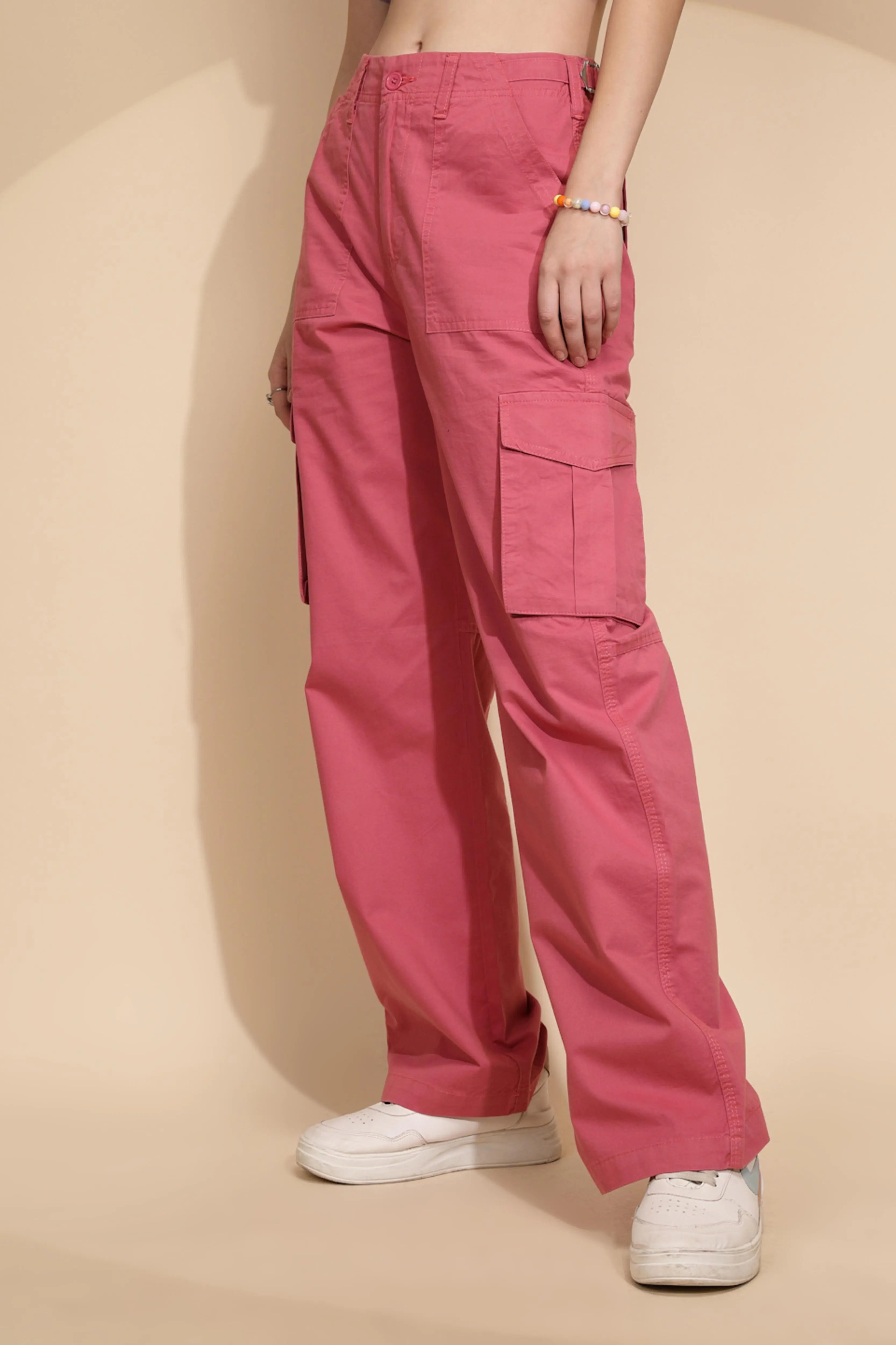 Peach Cotton Straight Relaxed Fit Cargo For Women - Global Republic