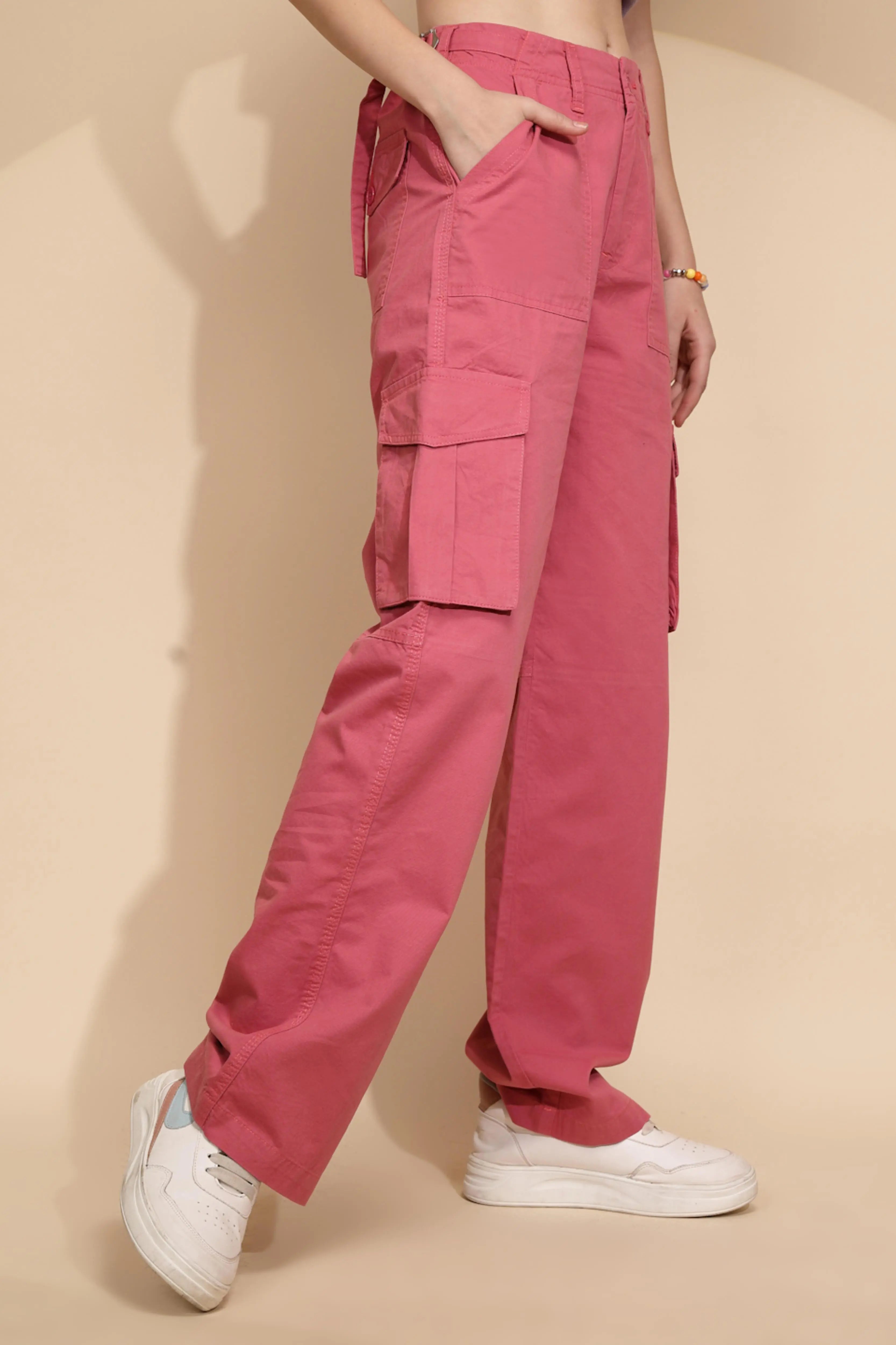 Peach Cotton Straight Relaxed Fit Cargo For Women - Global Republic
