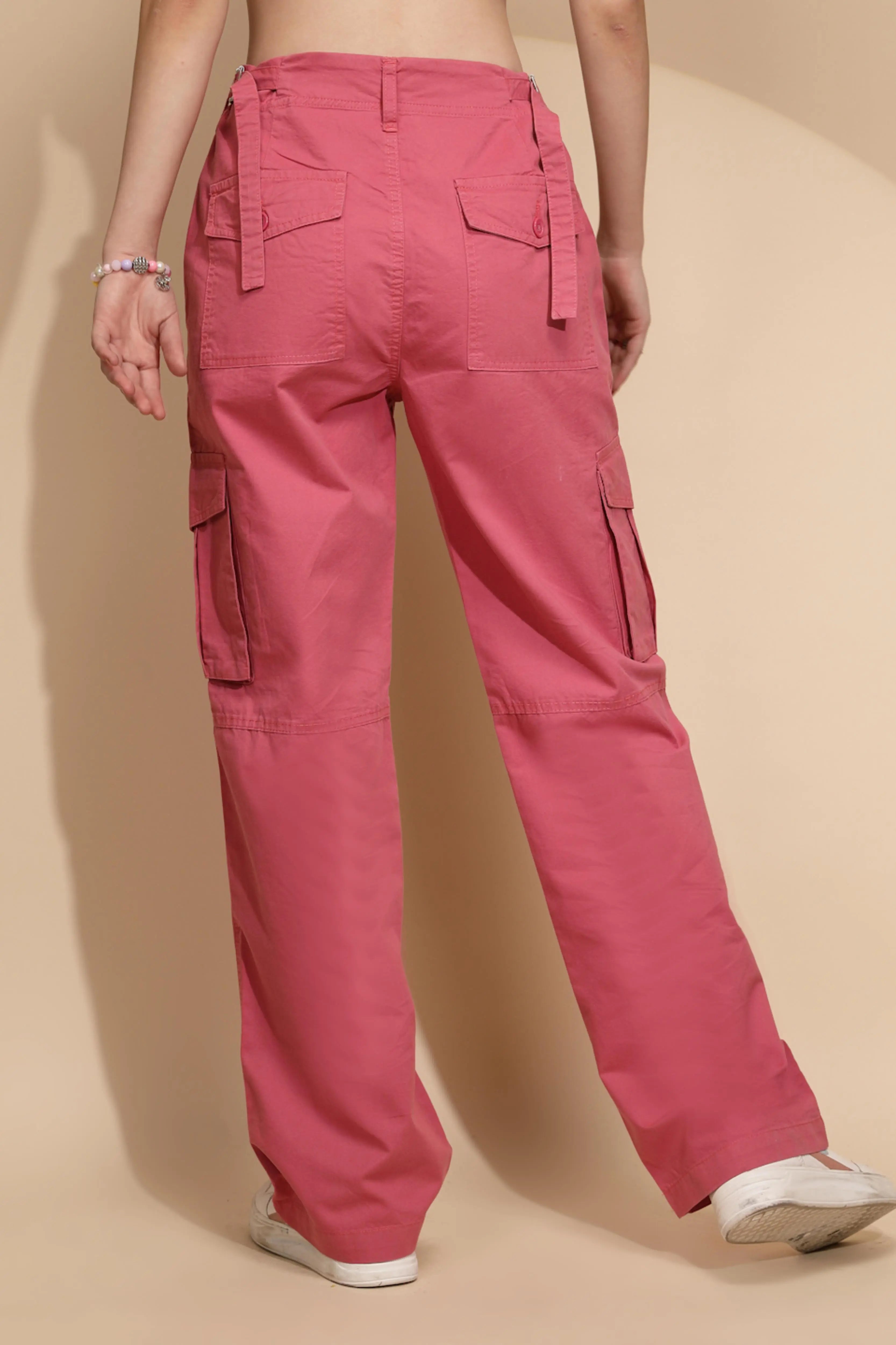 Peach Cotton Straight Relaxed Fit Cargo For Women - Global Republic