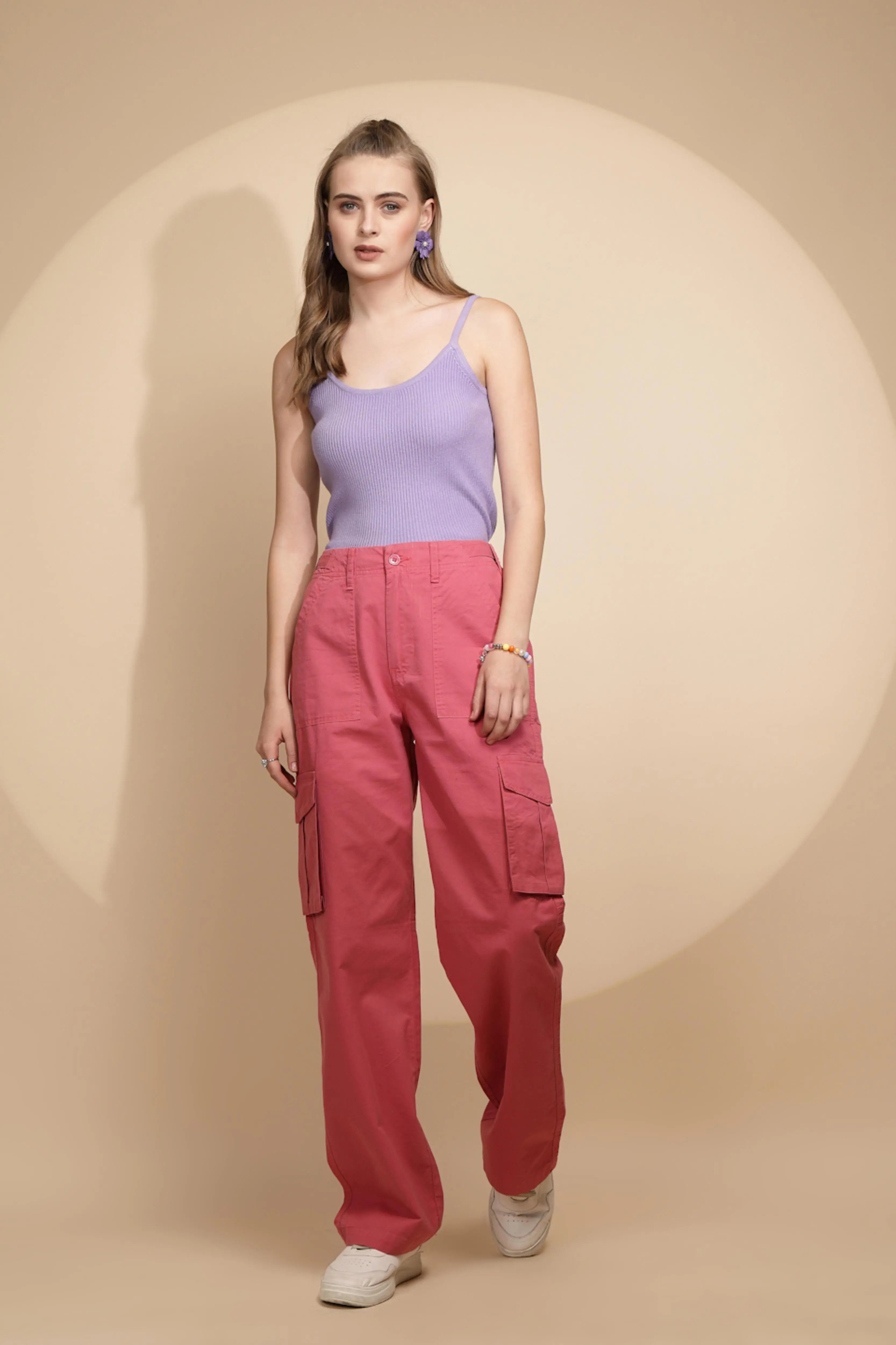 Peach Cotton Straight Relaxed Fit Cargo For Women - Global Republic