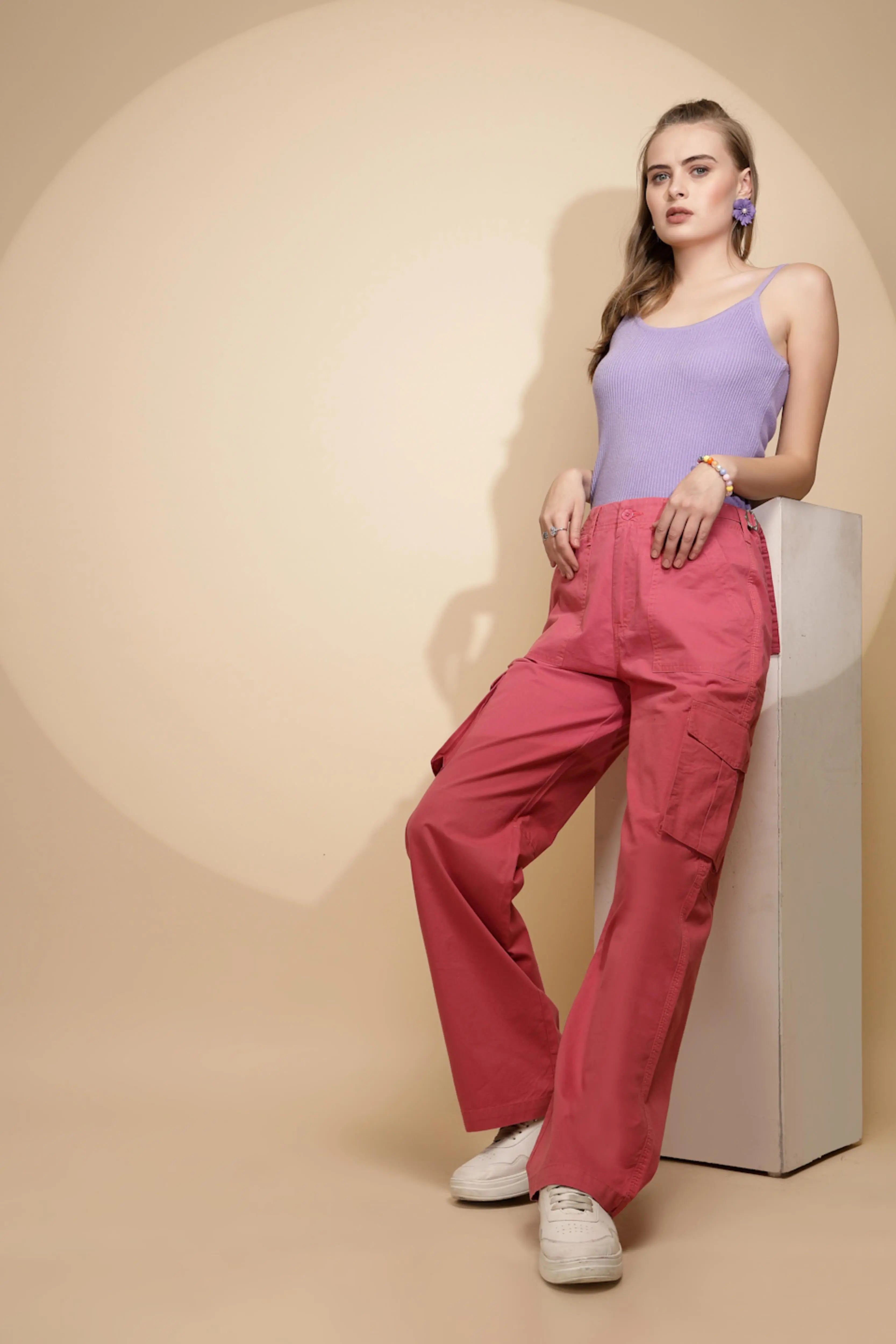 Peach Cotton Straight Relaxed Fit Cargo For Women - Global Republic