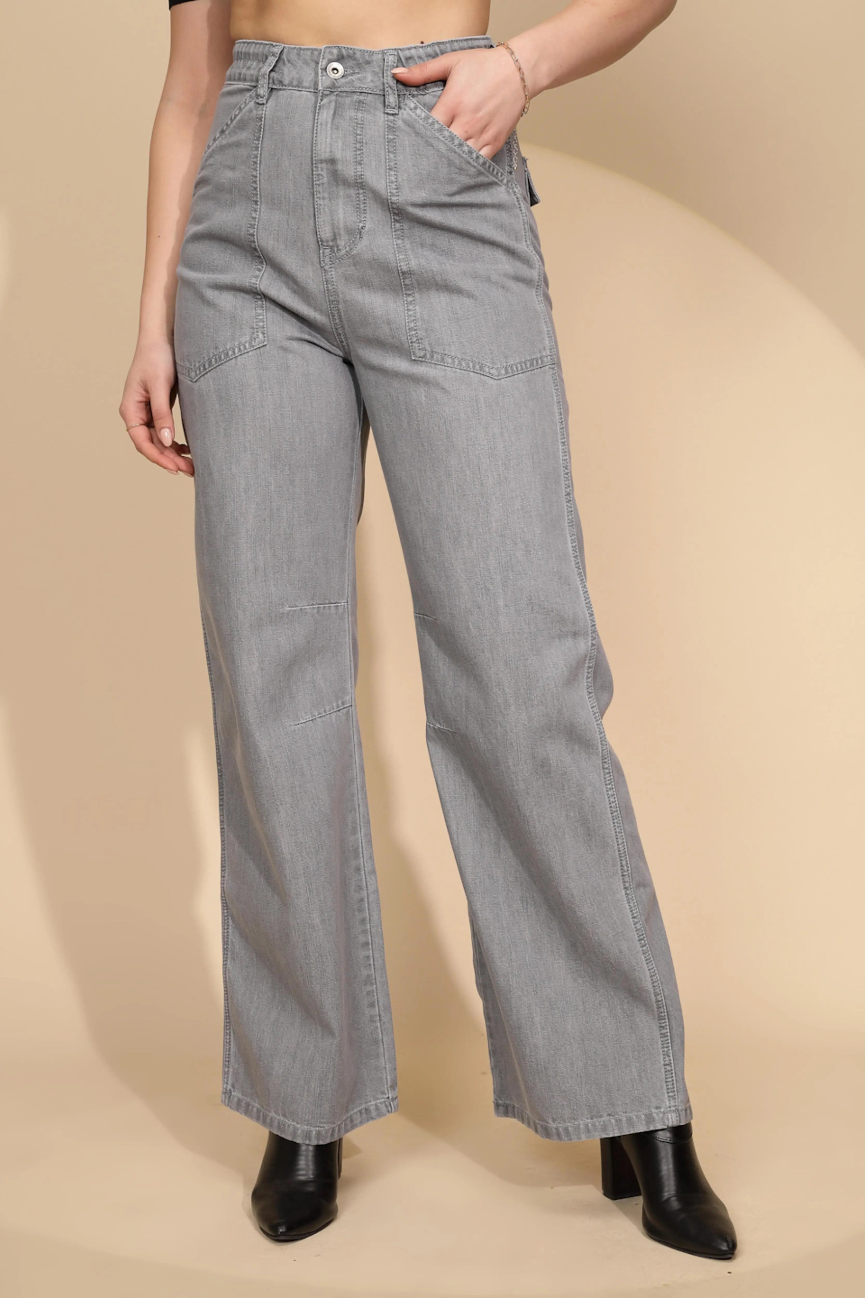 Grey Cotton Straight Loose Fit Jeans - Global Republic