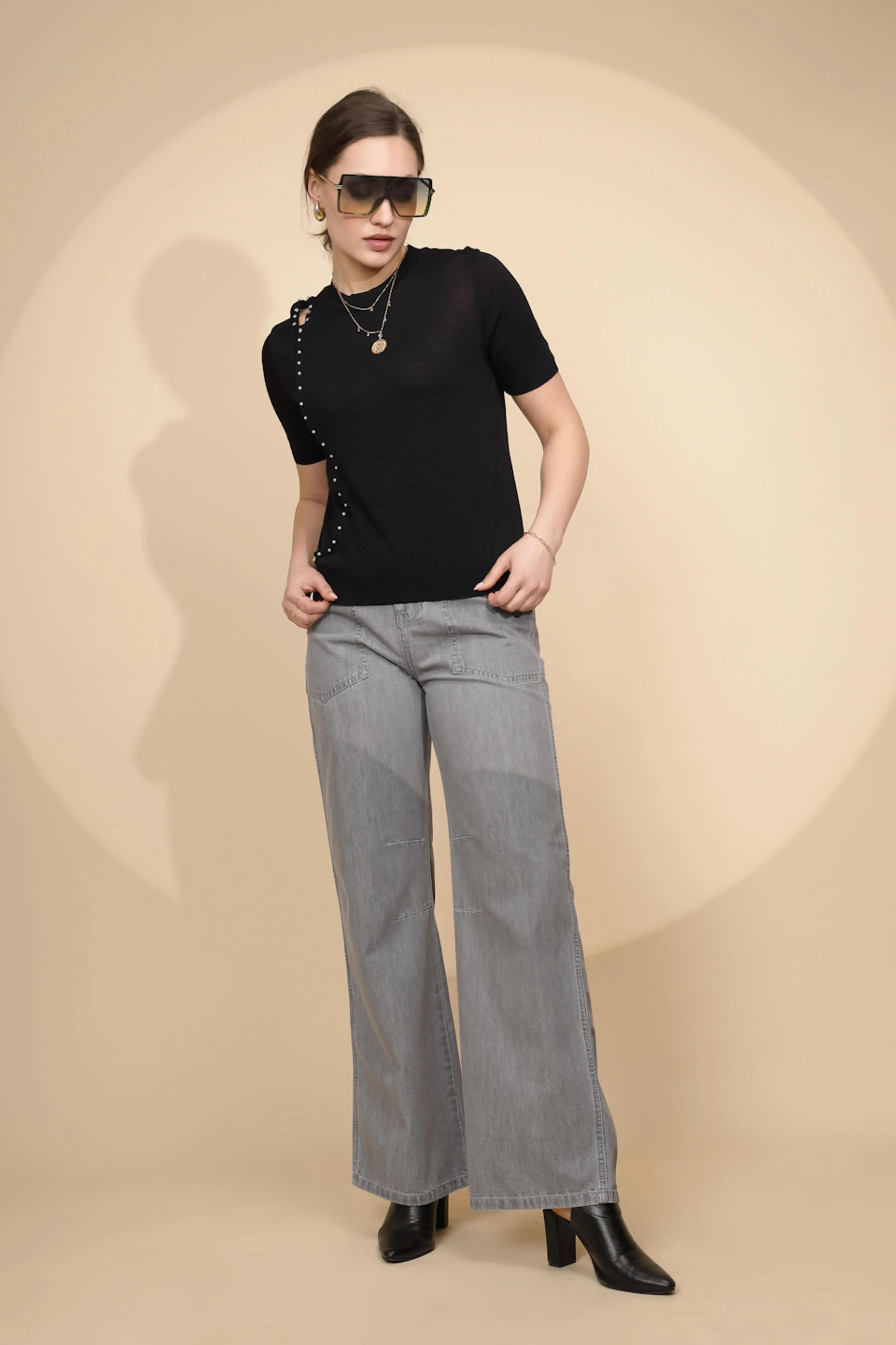 Grey Cotton Straight Loose Fit Jeans - Global Republic