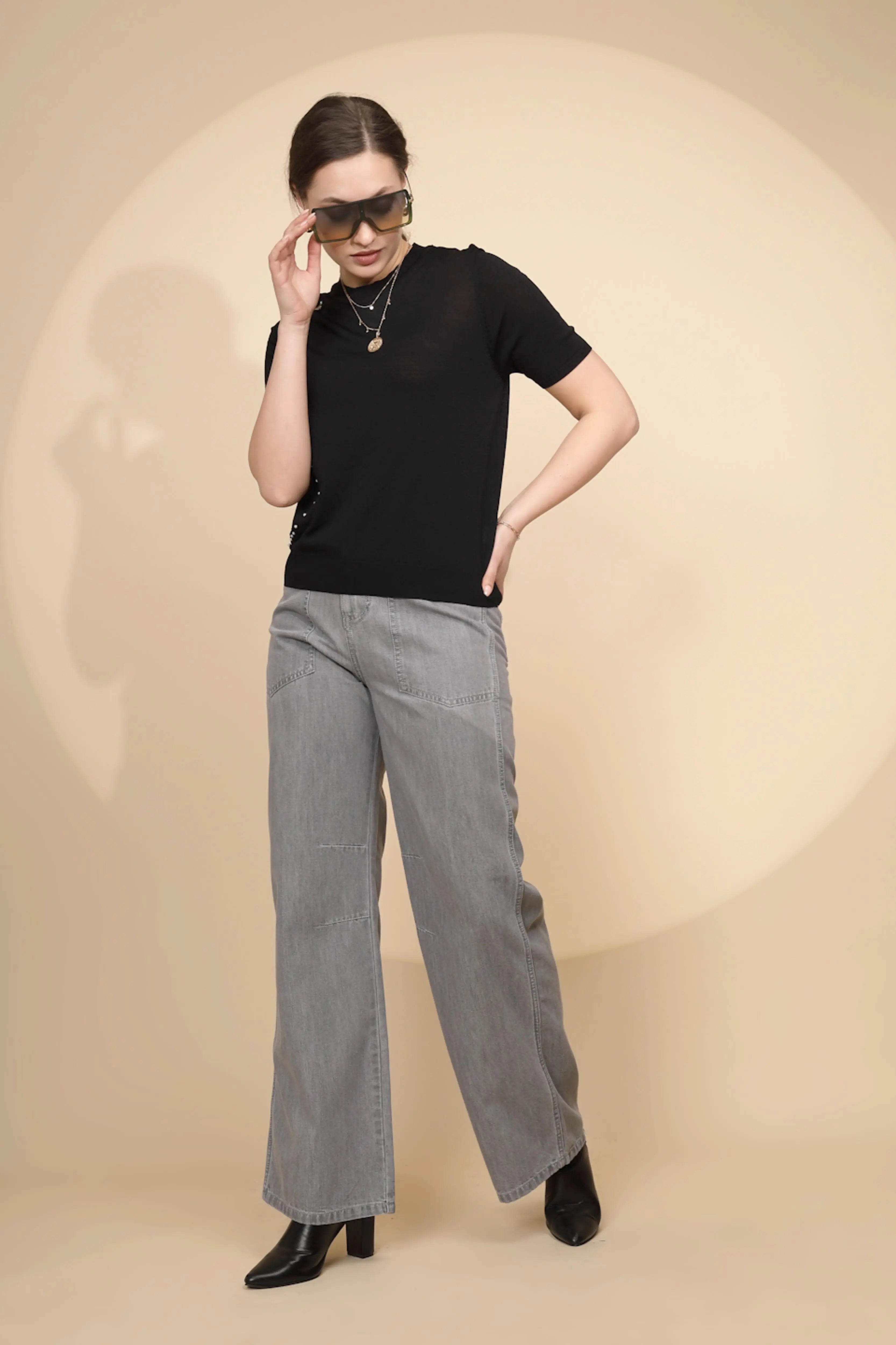 Grey Cotton Straight Loose Fit Jeans - Global Republic