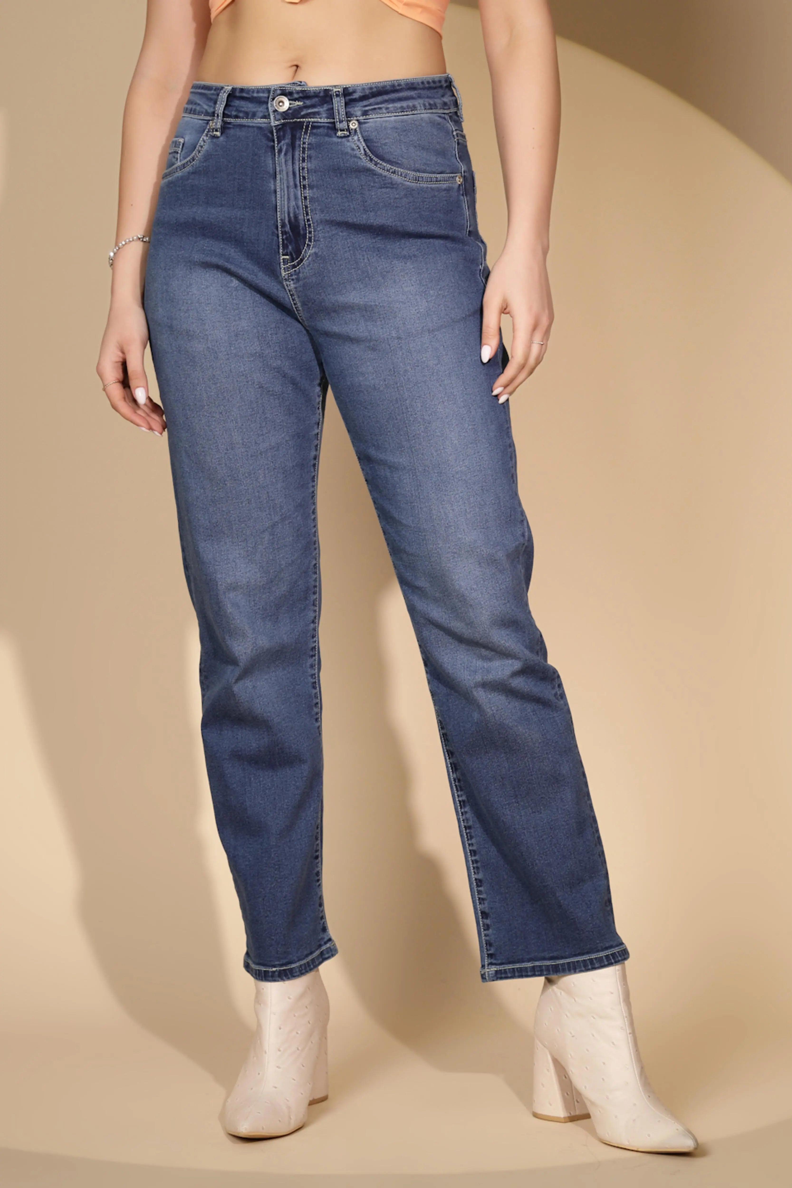 Blue Cotton Blend Straight Fit Jeans - Global Republic
