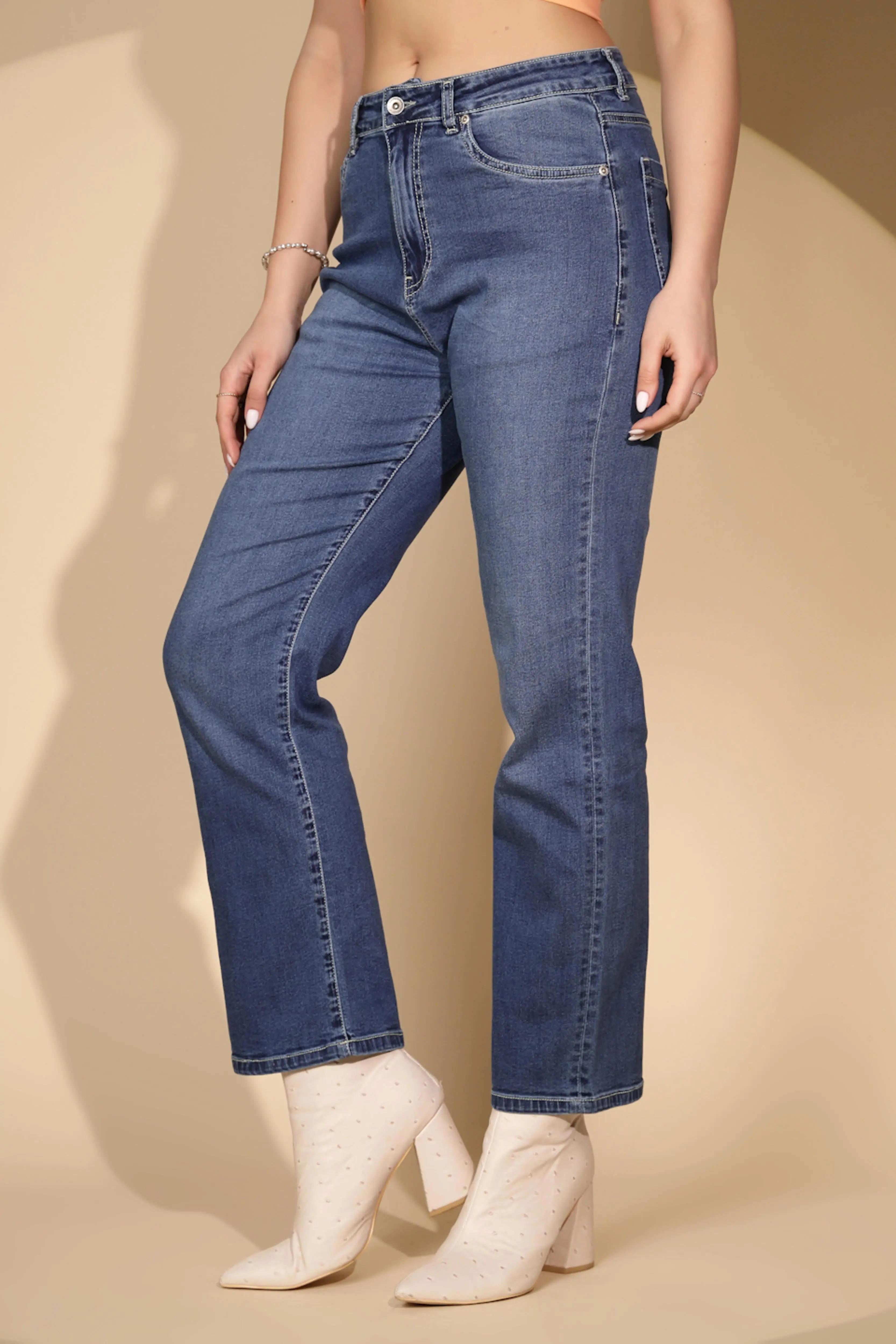 Blue Cotton Blend Straight Fit Jeans - Global Republic