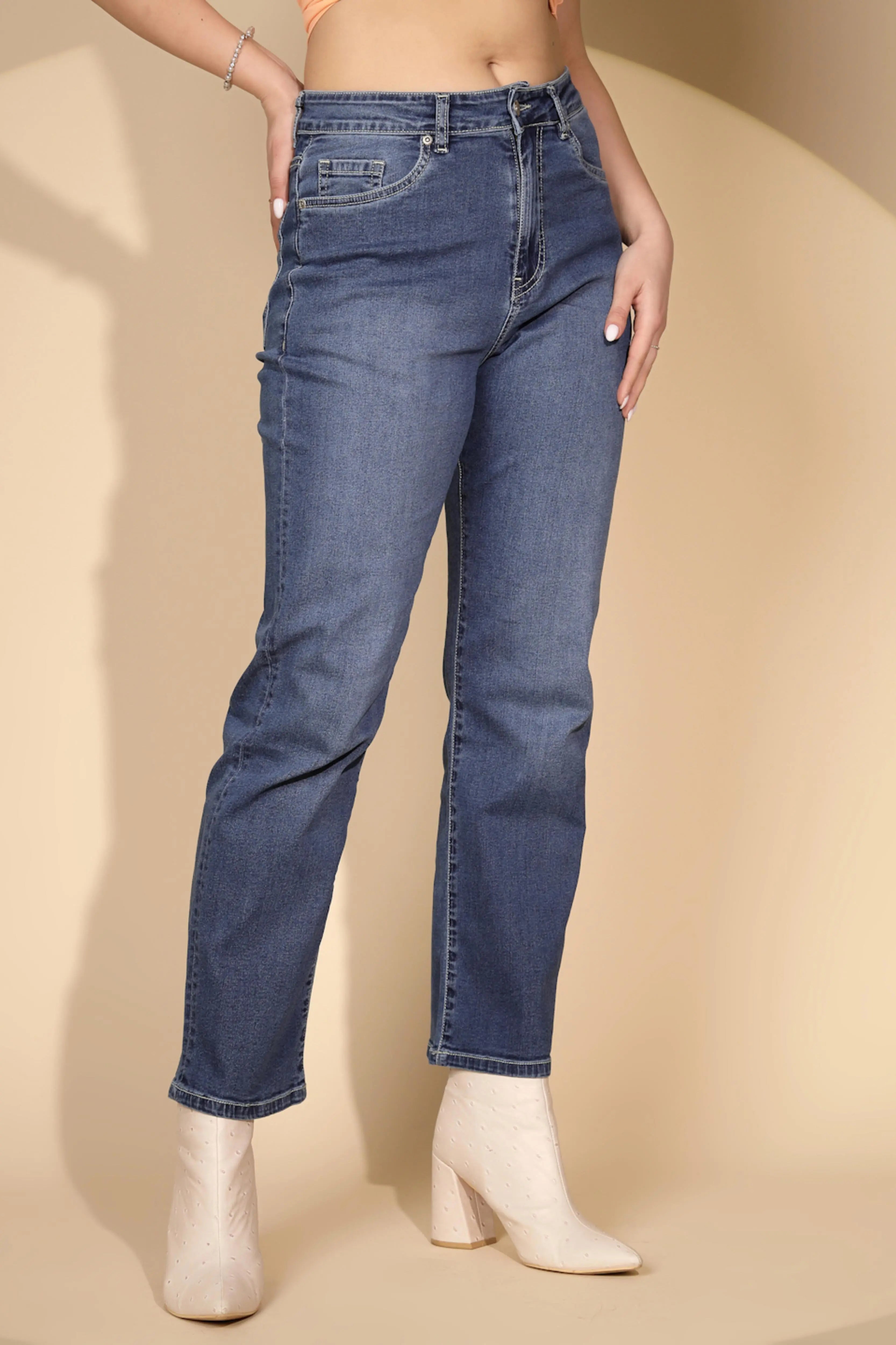 Blue Cotton Blend Straight Fit Jeans - Global Republic