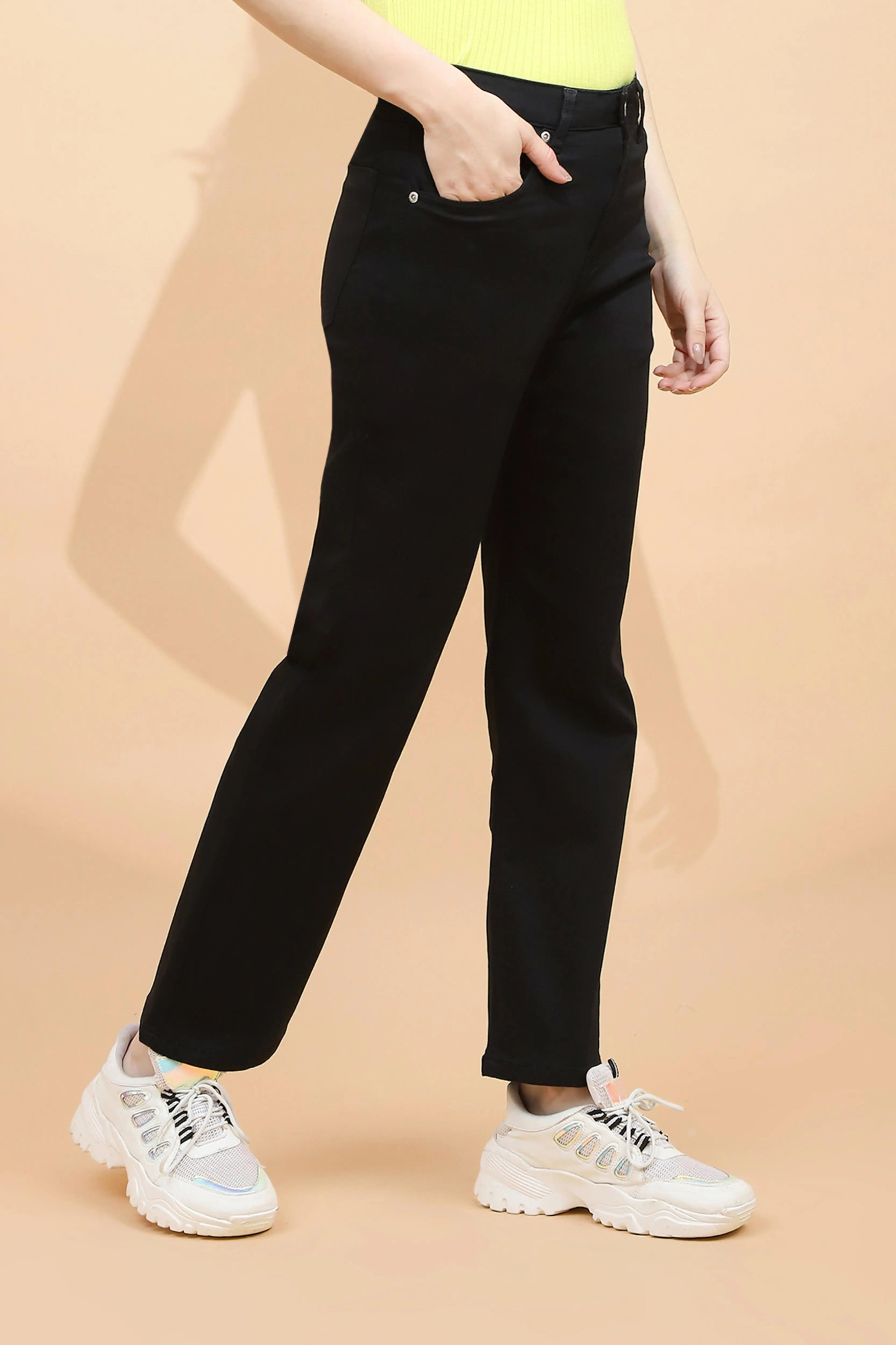 Black Cotton Blend Straight Fit Trouser - Global Republic