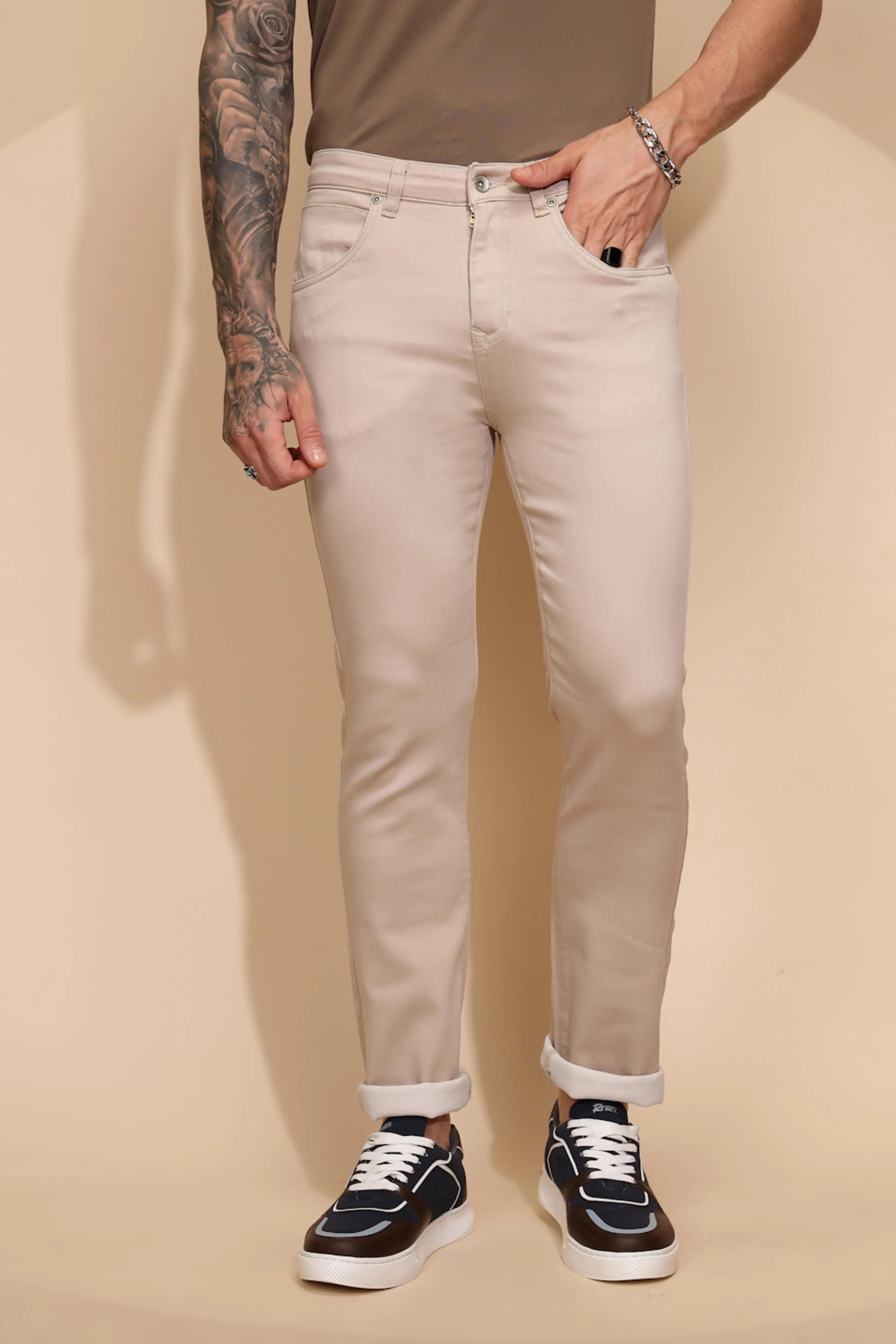 Fawn Cotton Blend Straight Fit Trouser For Men - Global Republic