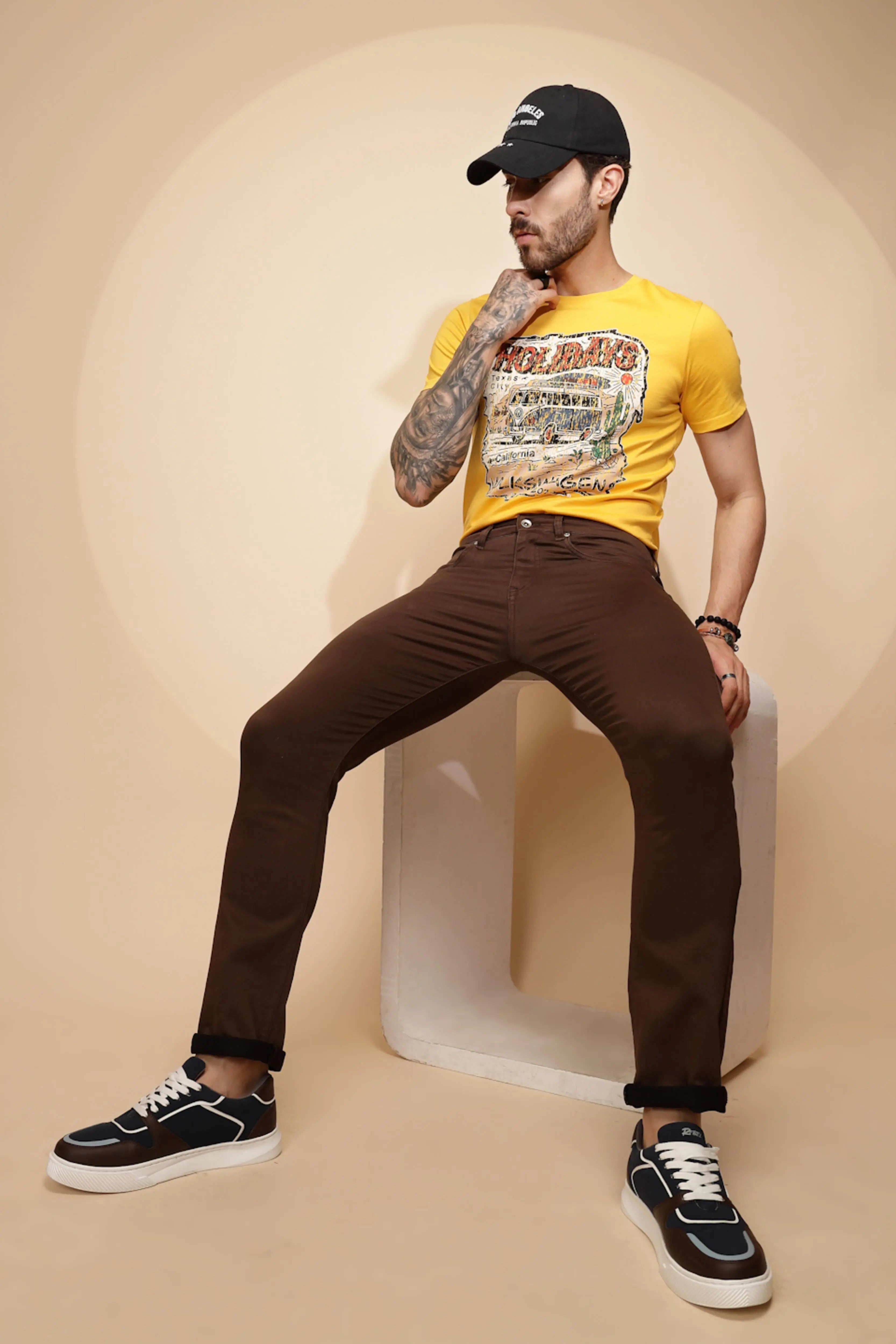 Mustard Cotton Blend Trouser - Global Republic