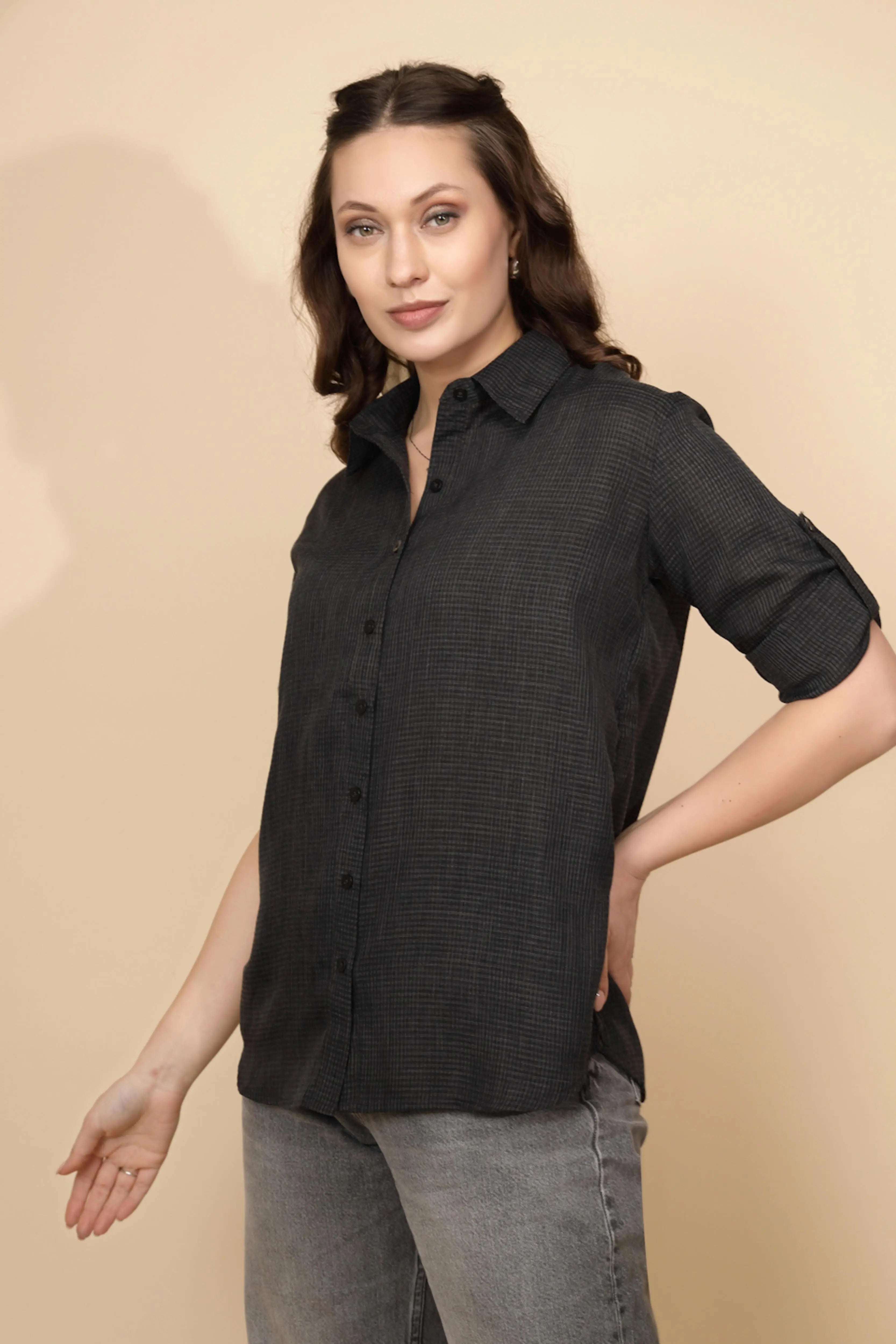 Black cotton Regular Fit Shirt For Women - Global Republic