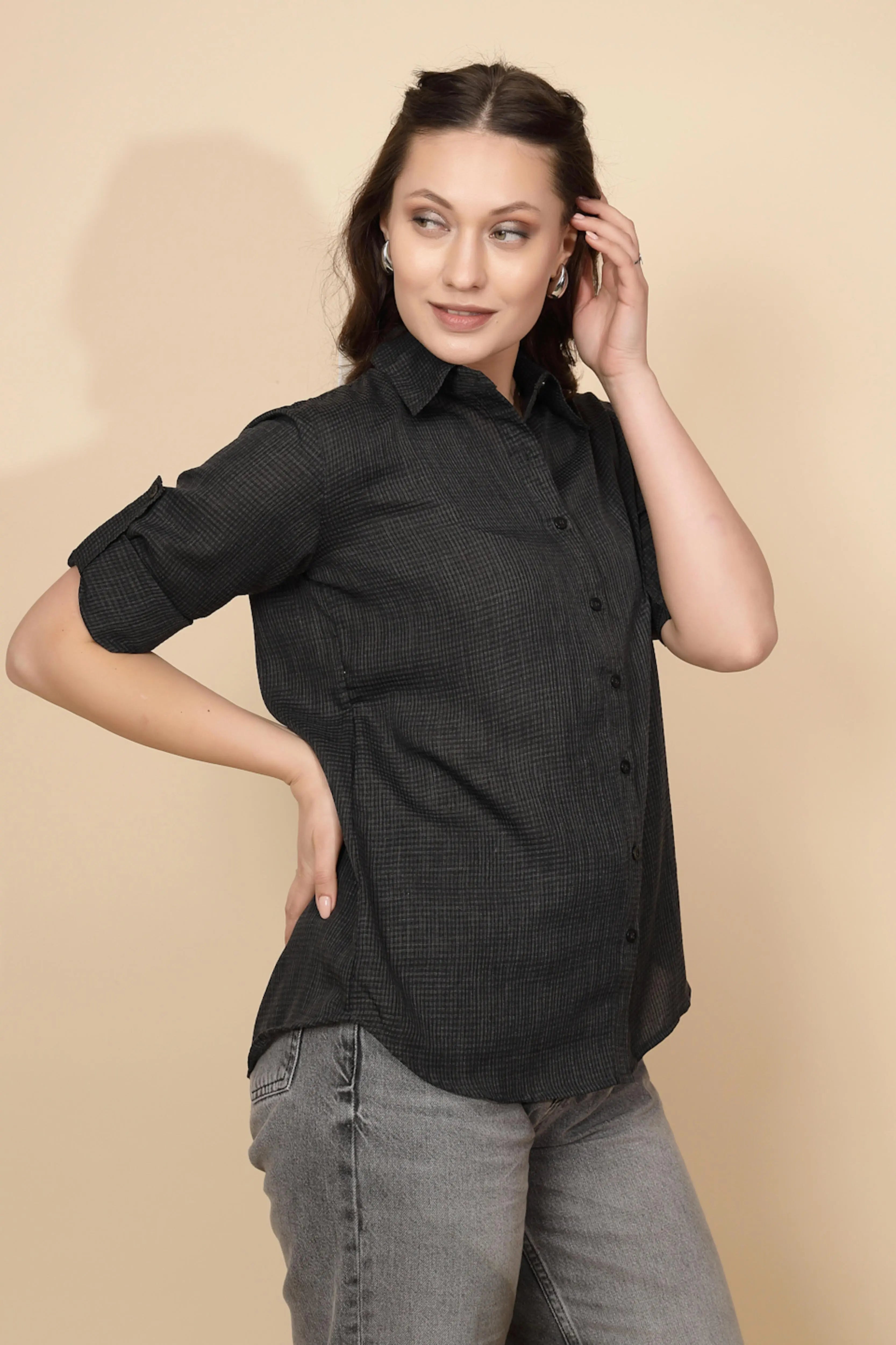 Black cotton Regular Fit Shirt For Women - Global Republic