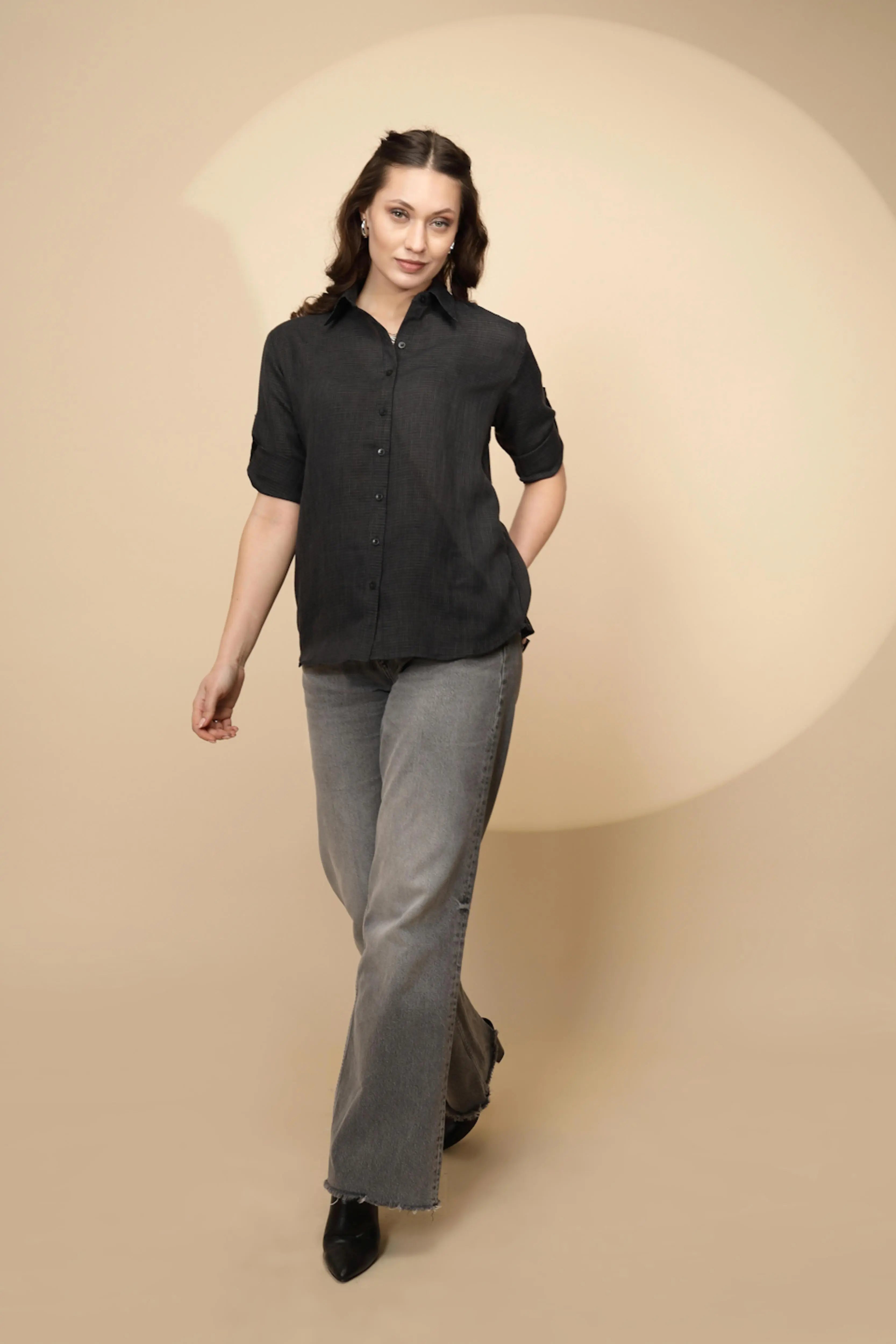 Black cotton Regular Fit Shirt For Women - Global Republic