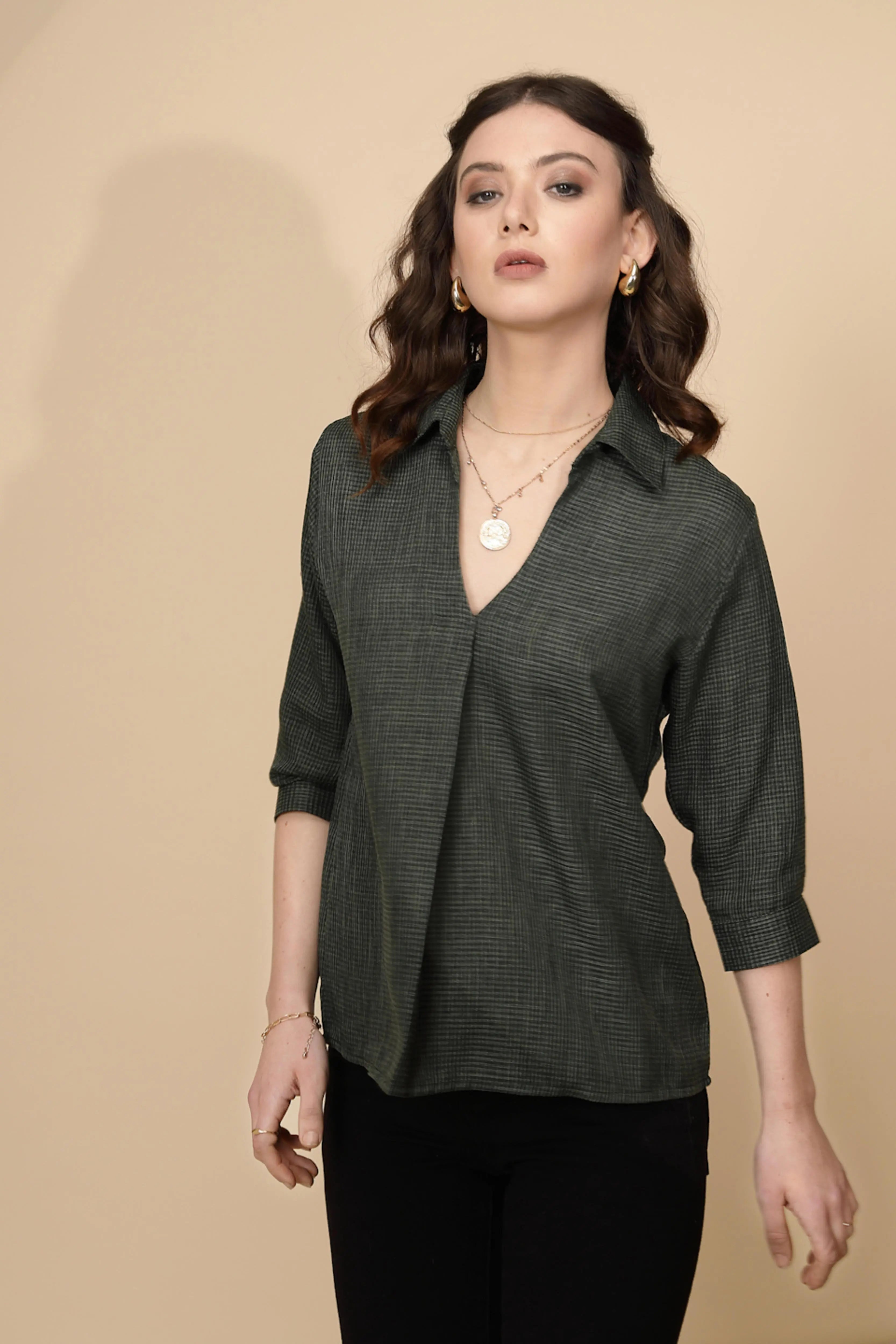 Olive Gingham Check cotton Top - Global Republic