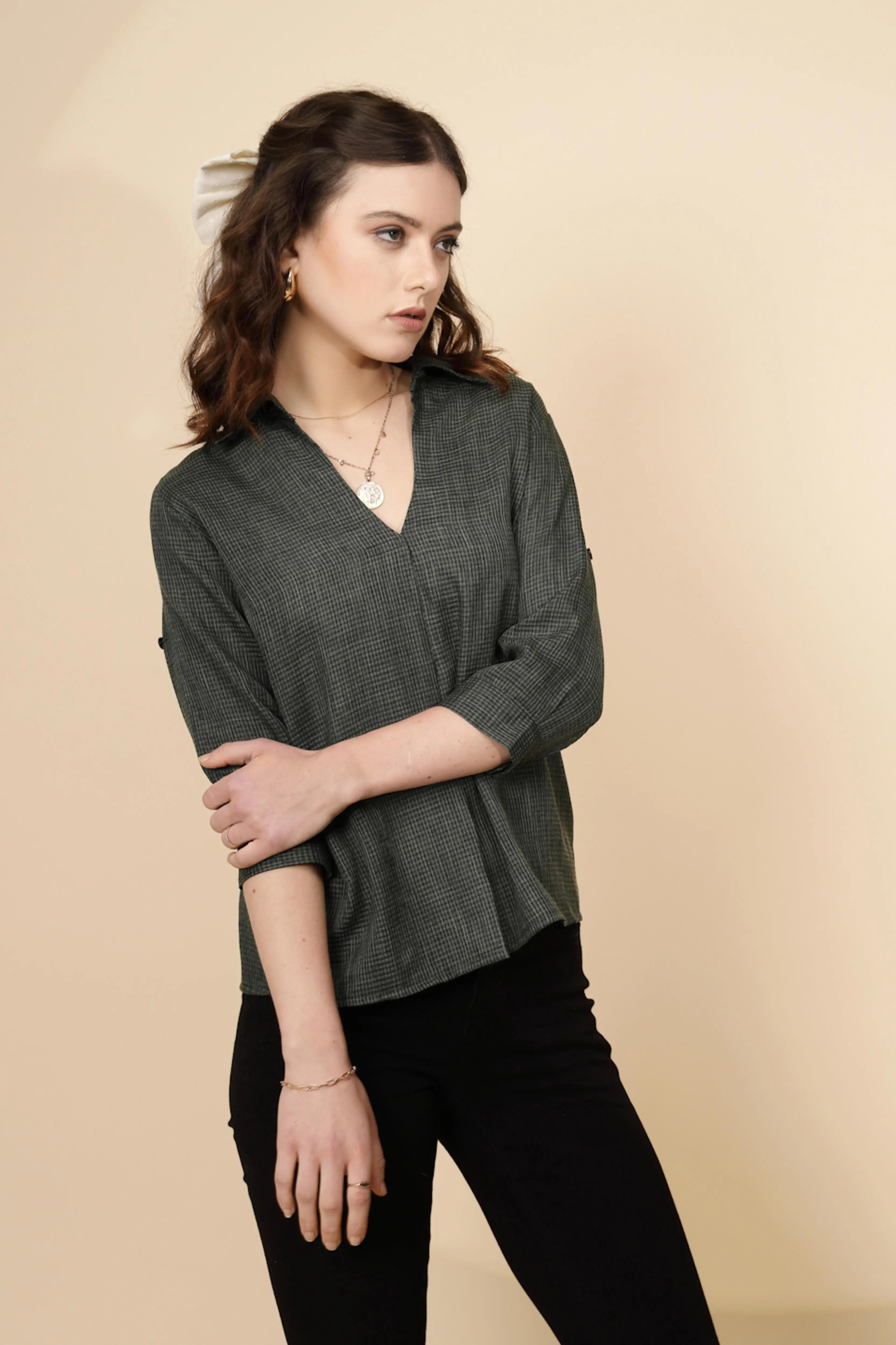 Olive Gingham Check cotton Top - Global Republic