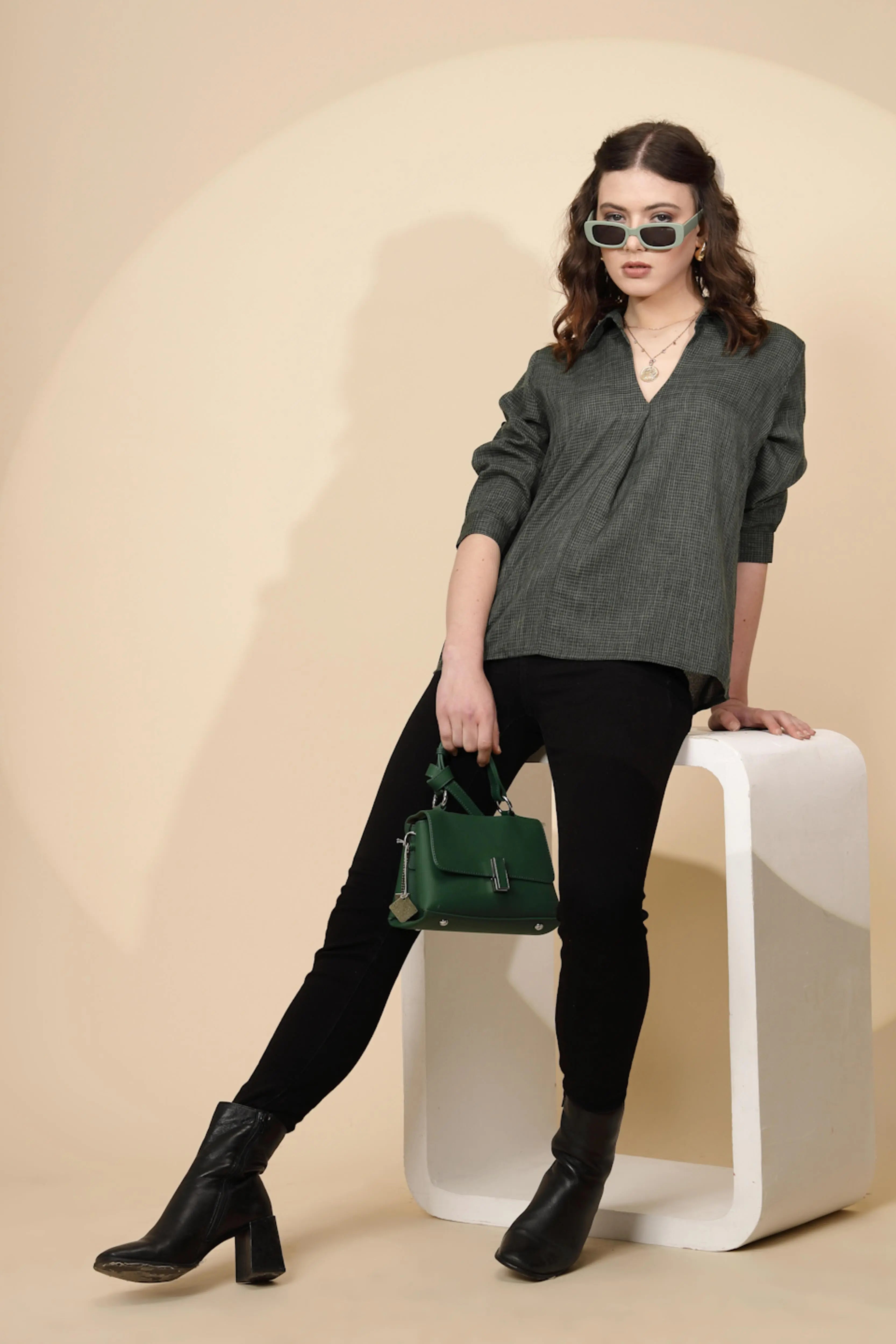 Olive Gingham Check cotton Top - Global Republic