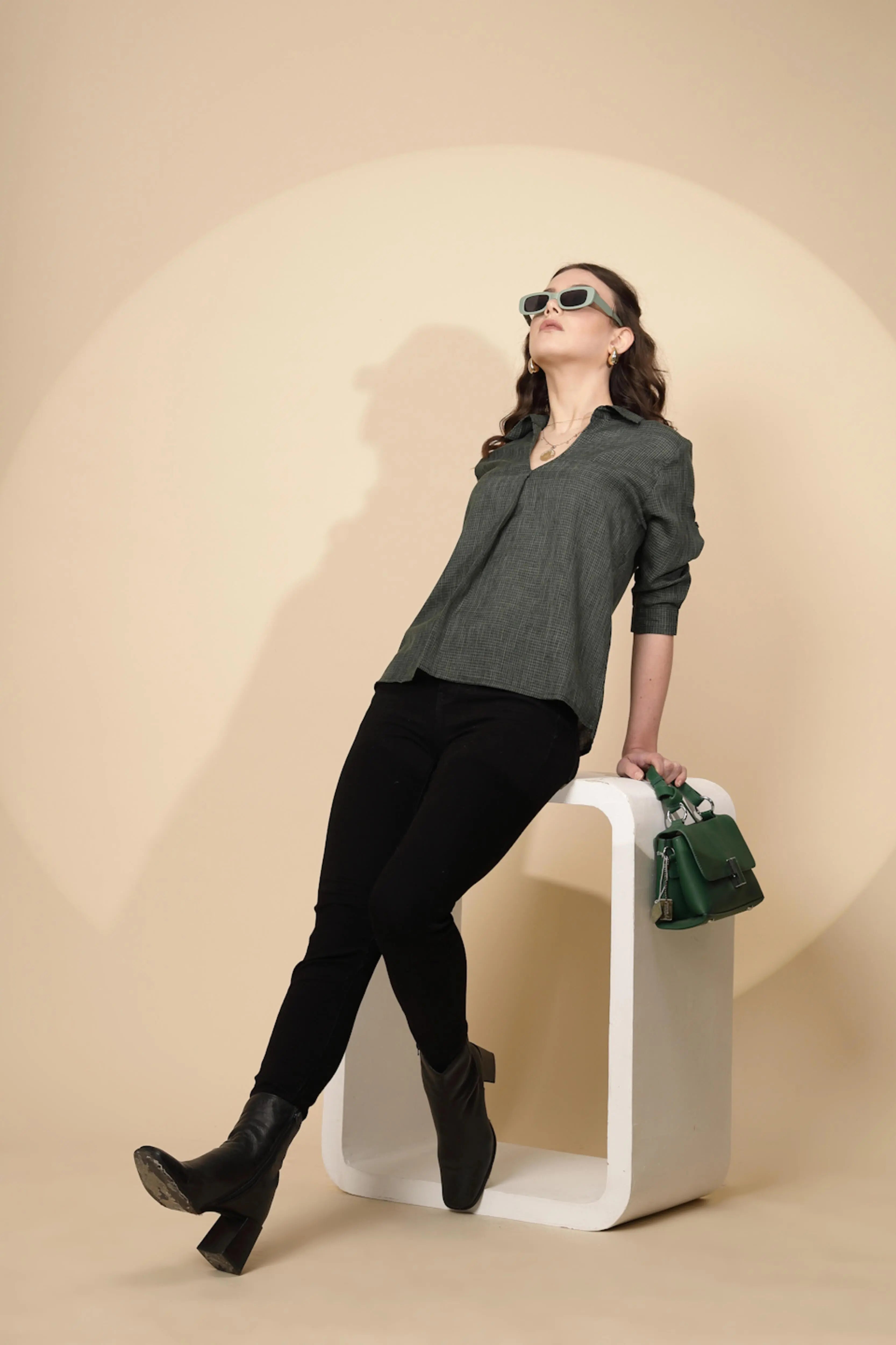 Olive Gingham Check cotton Top - Global Republic