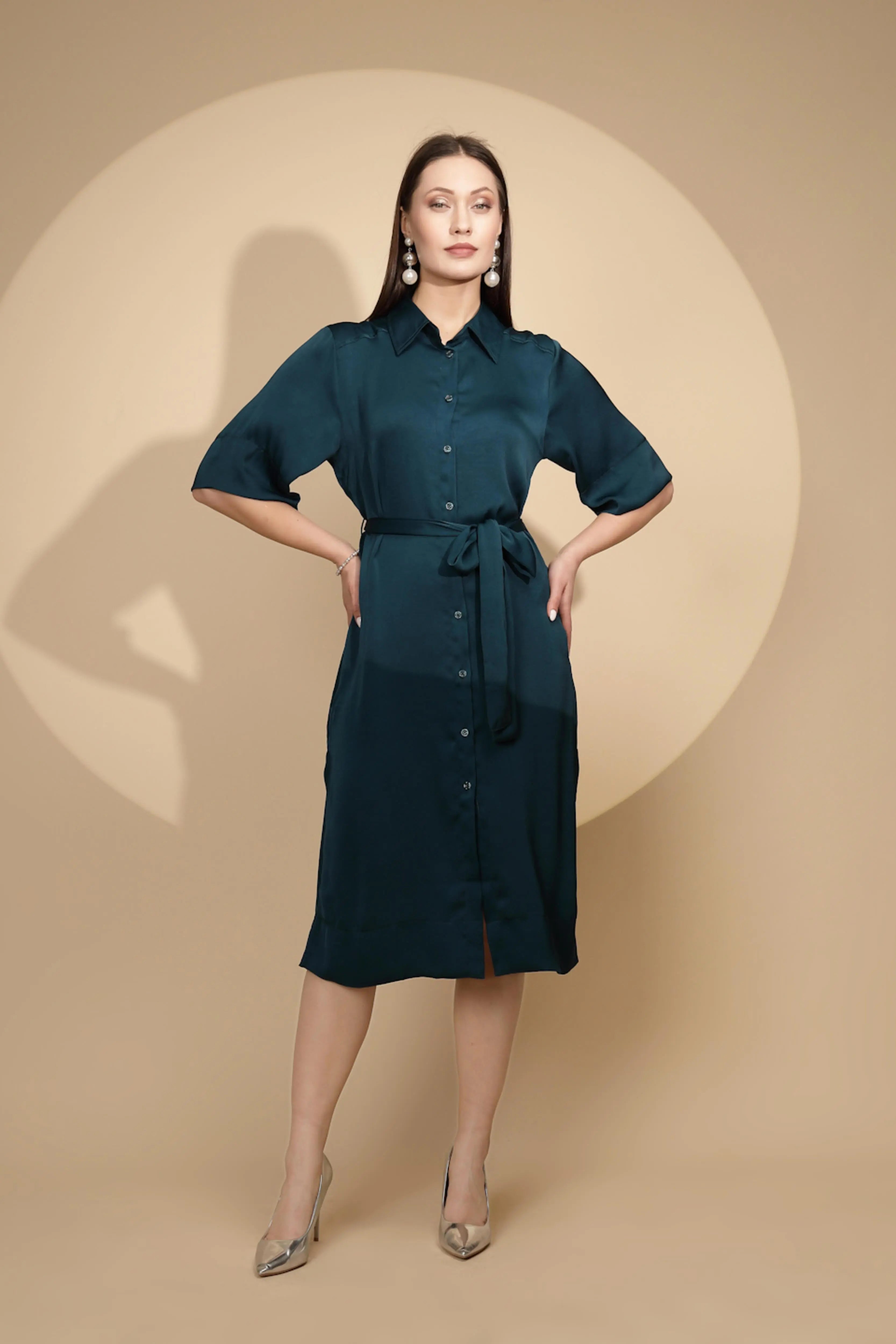 Teal Blue Regular Fit Dress For Women - Global Republic
