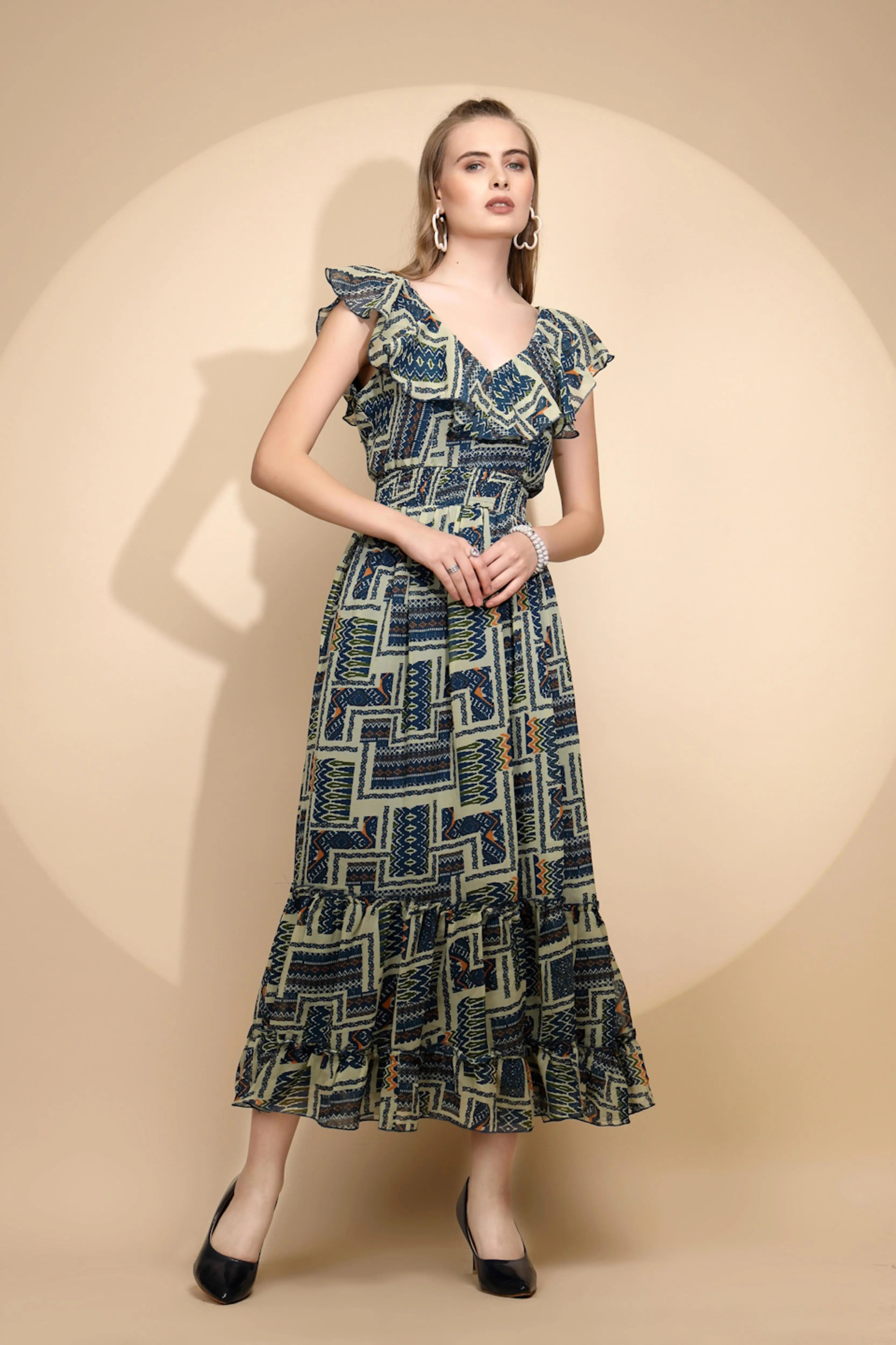 Blue And White Regular Fit Dress For Women - Global Republic