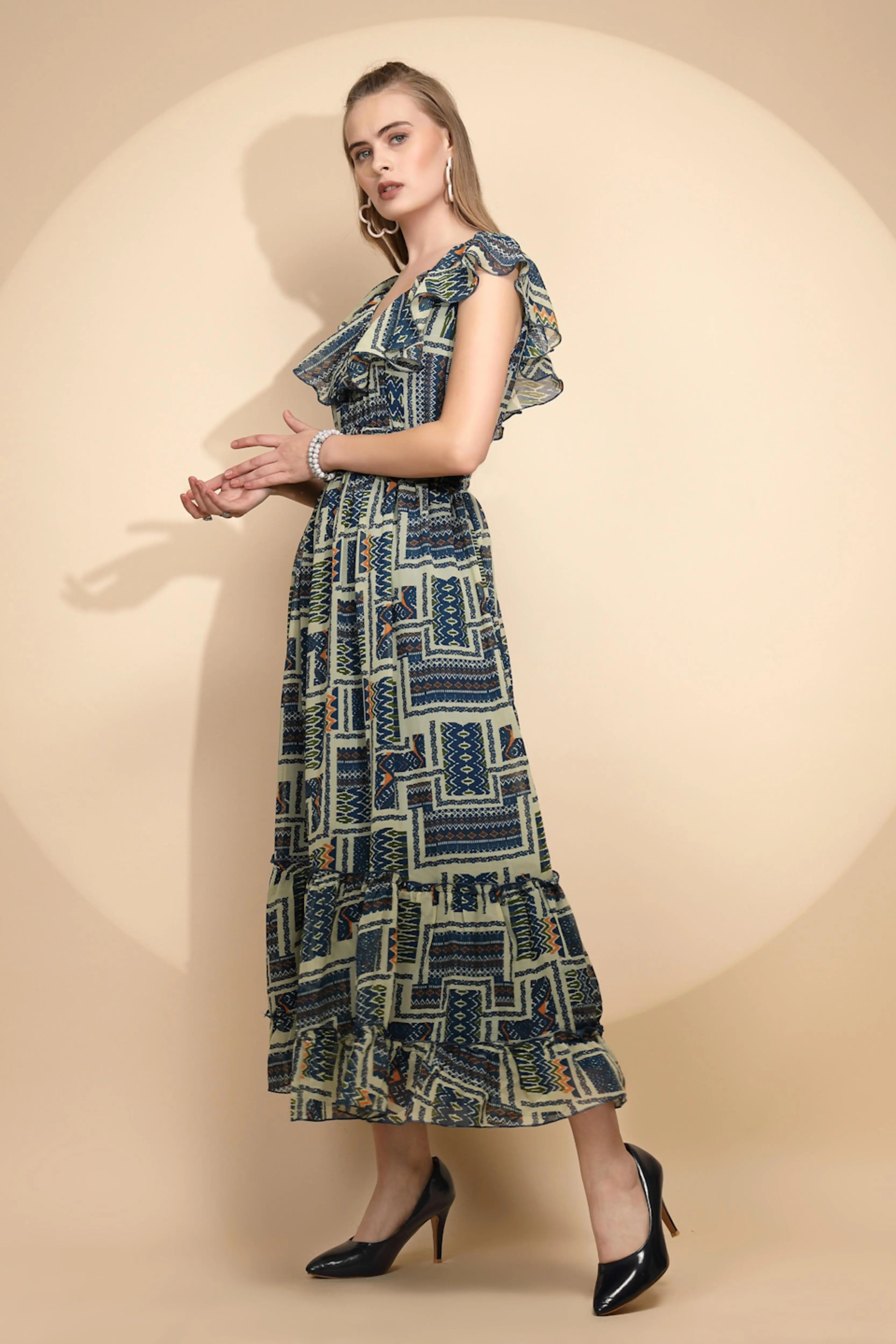 Blue And White Regular Fit Dress For Women - Global Republic