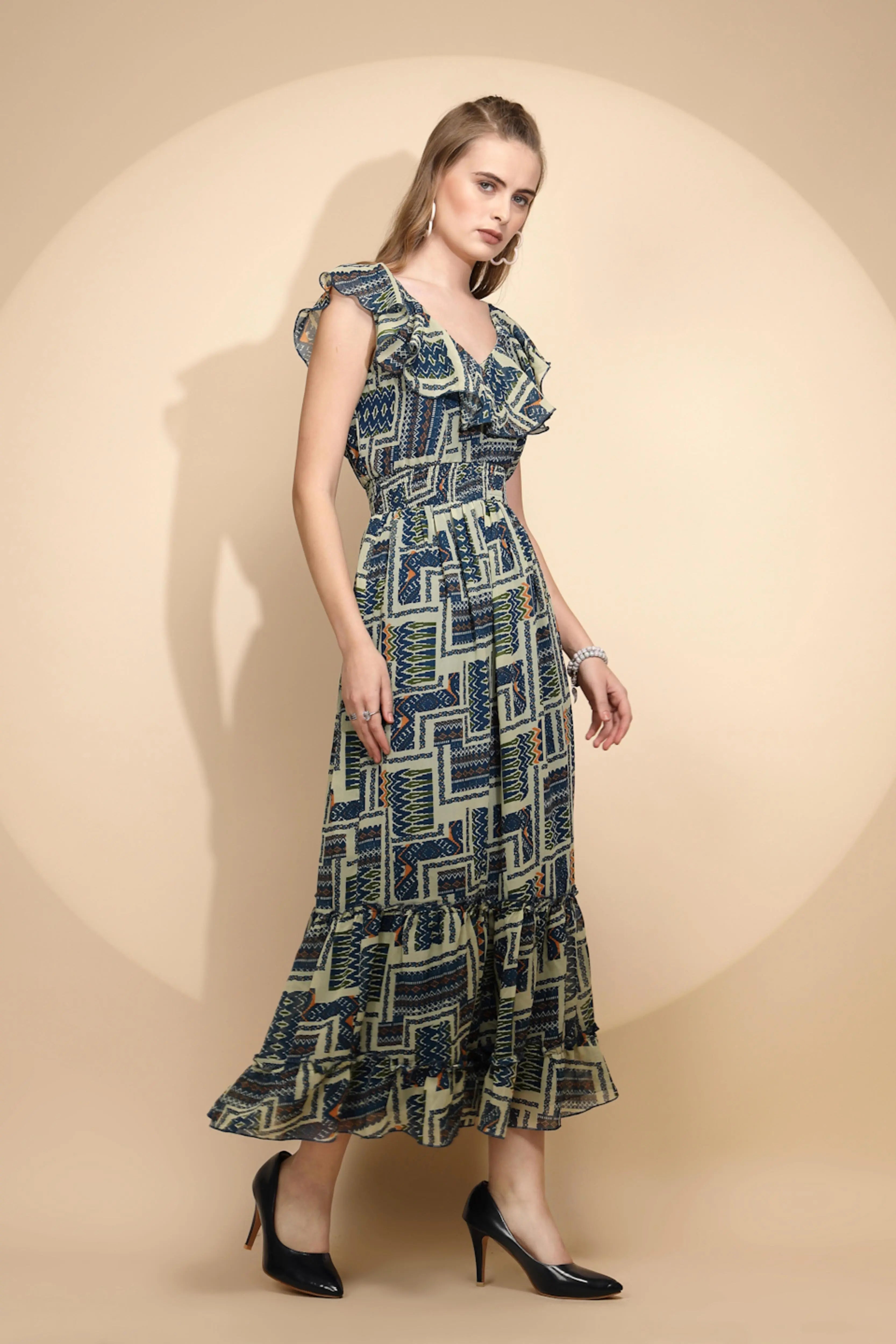 Blue And White Regular Fit Dress For Women - Global Republic