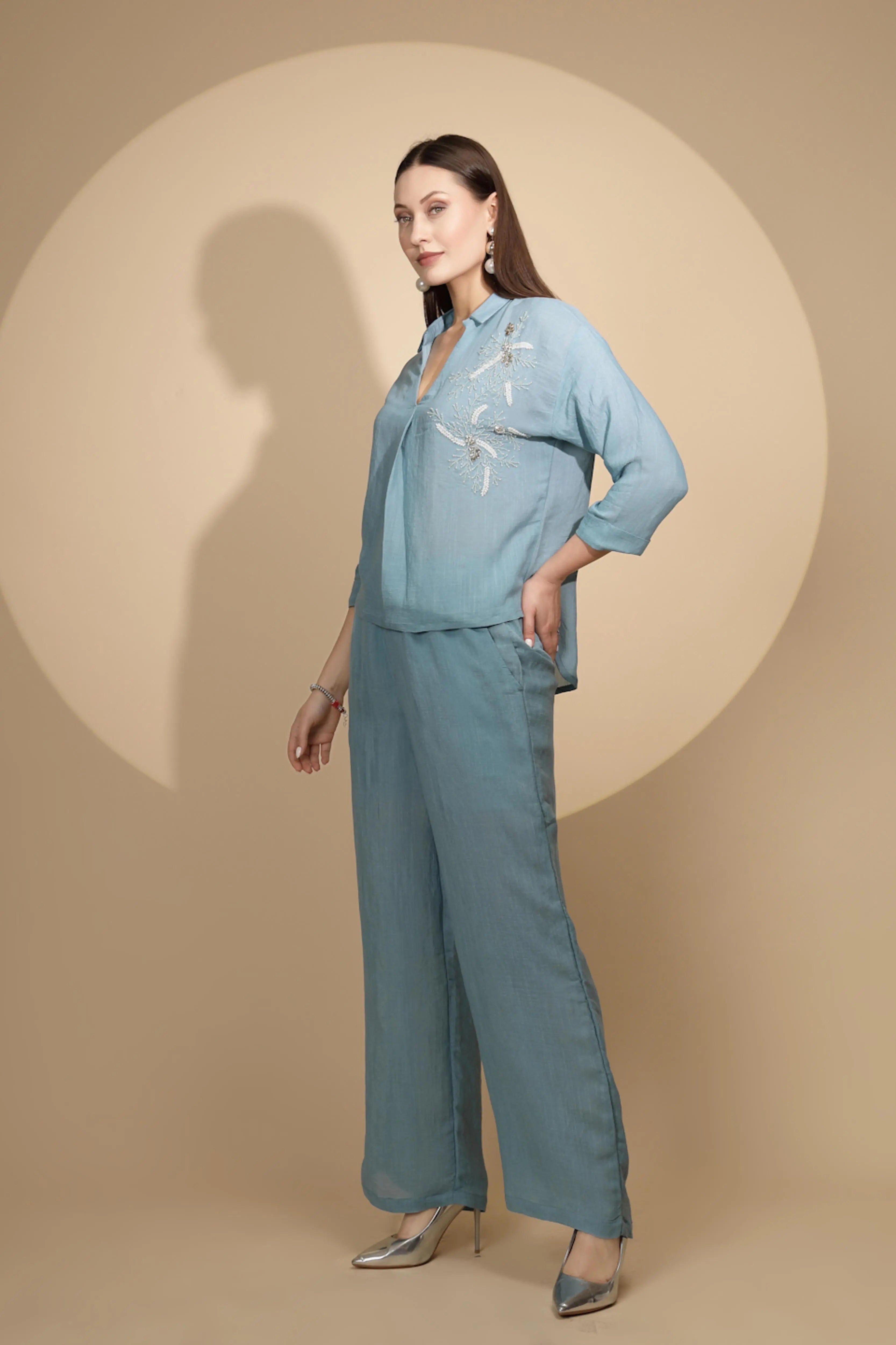 Powder Blue Rayon Regular Fit Co-Ord Set For Women - Global Republic