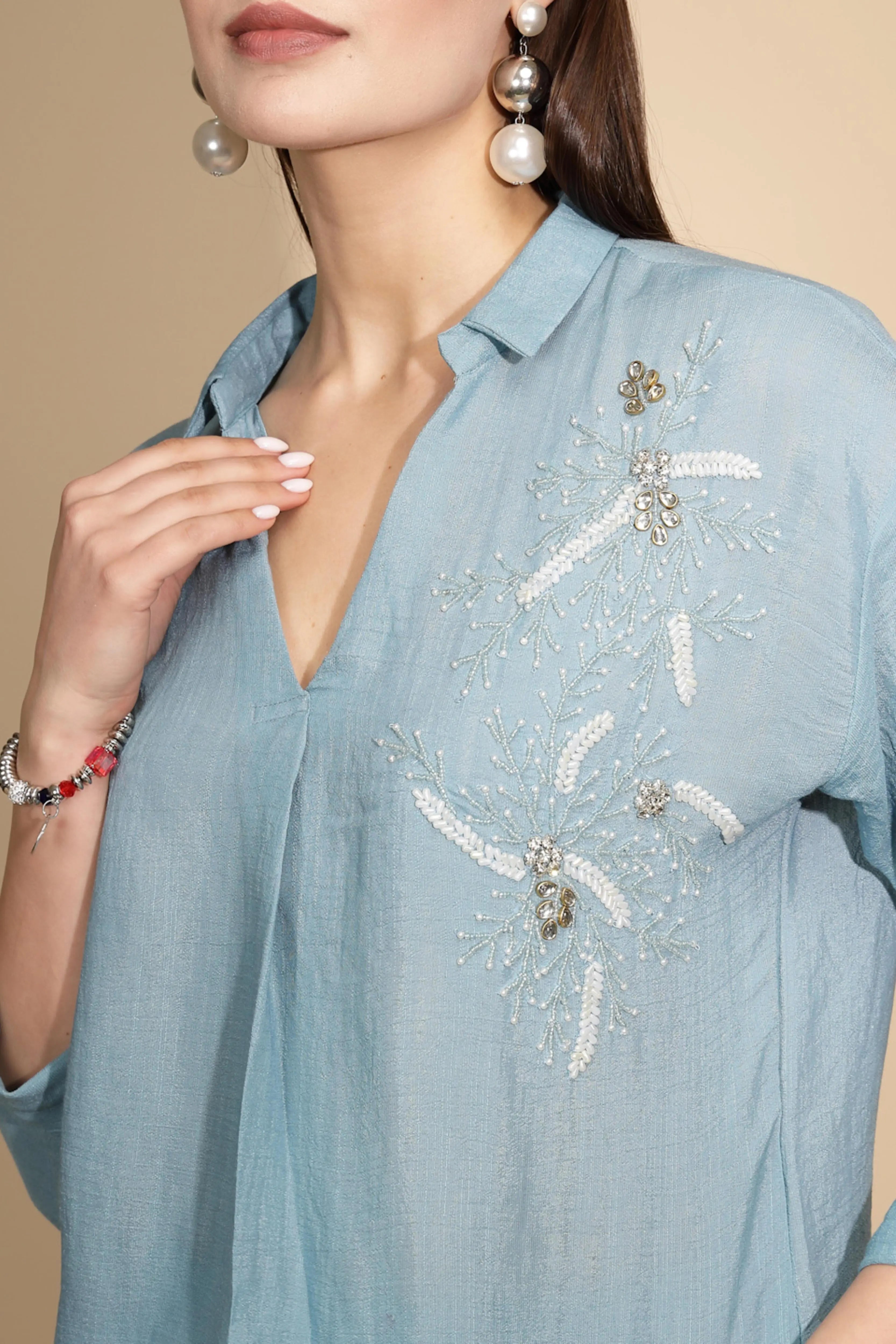 Powder Blue Rayon Regular Fit Co-Ord Set For Women - Global Republic