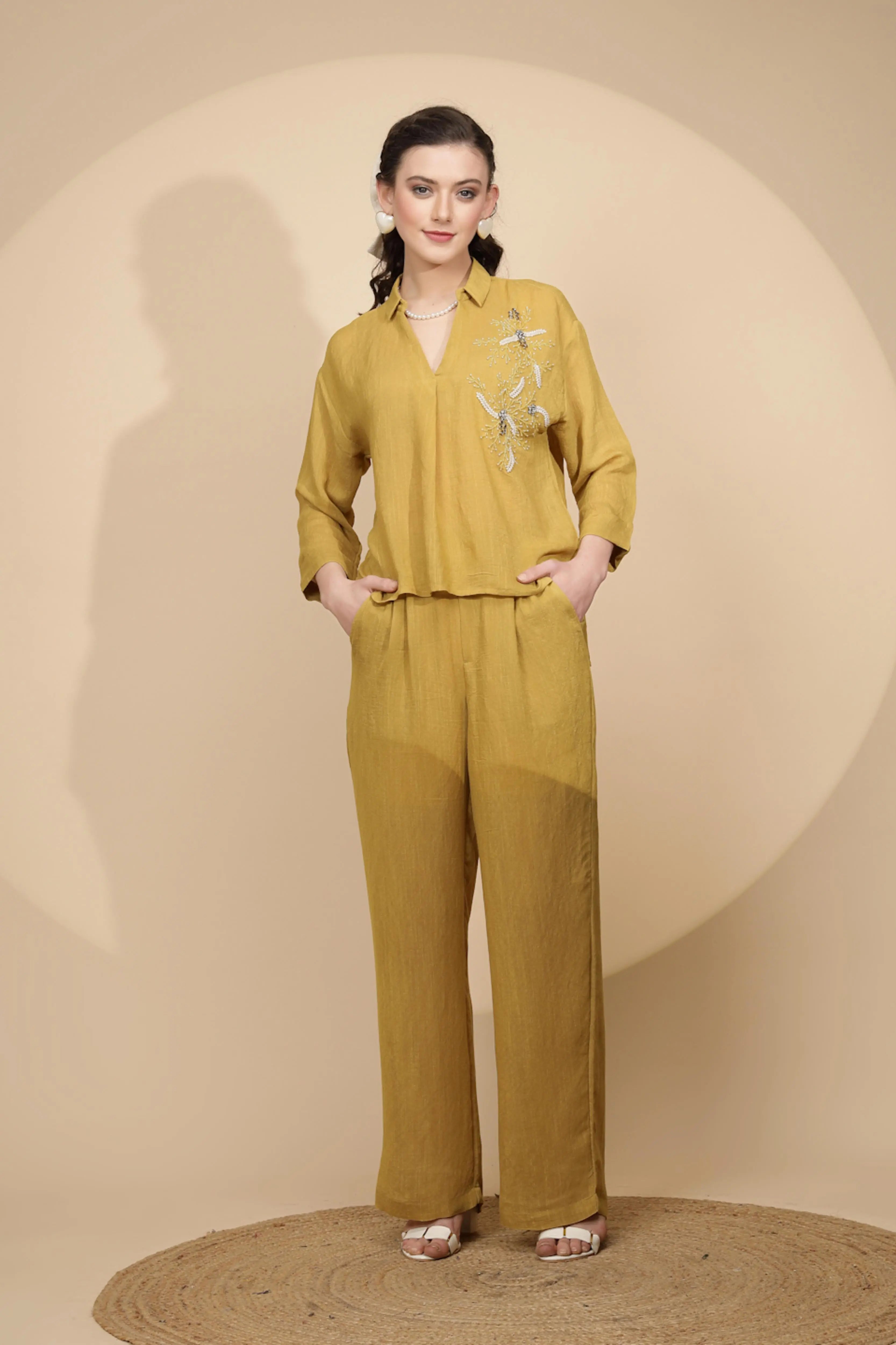 Mustard Rayon Regular Fit Co-Ord Set For Women - Global Republic