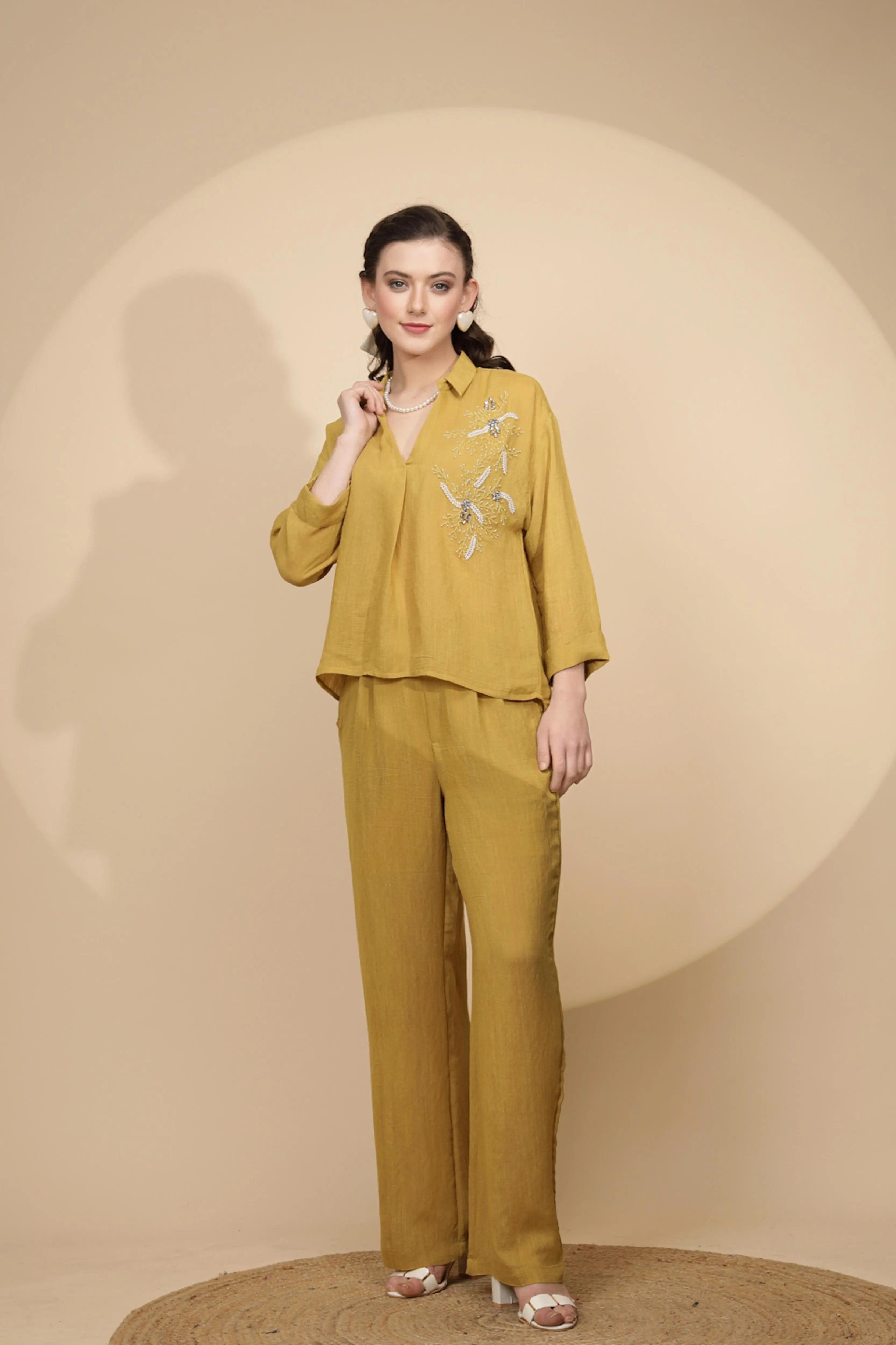 Mustard Rayon Regular Fit Co-Ord Set For Women - Global Republic