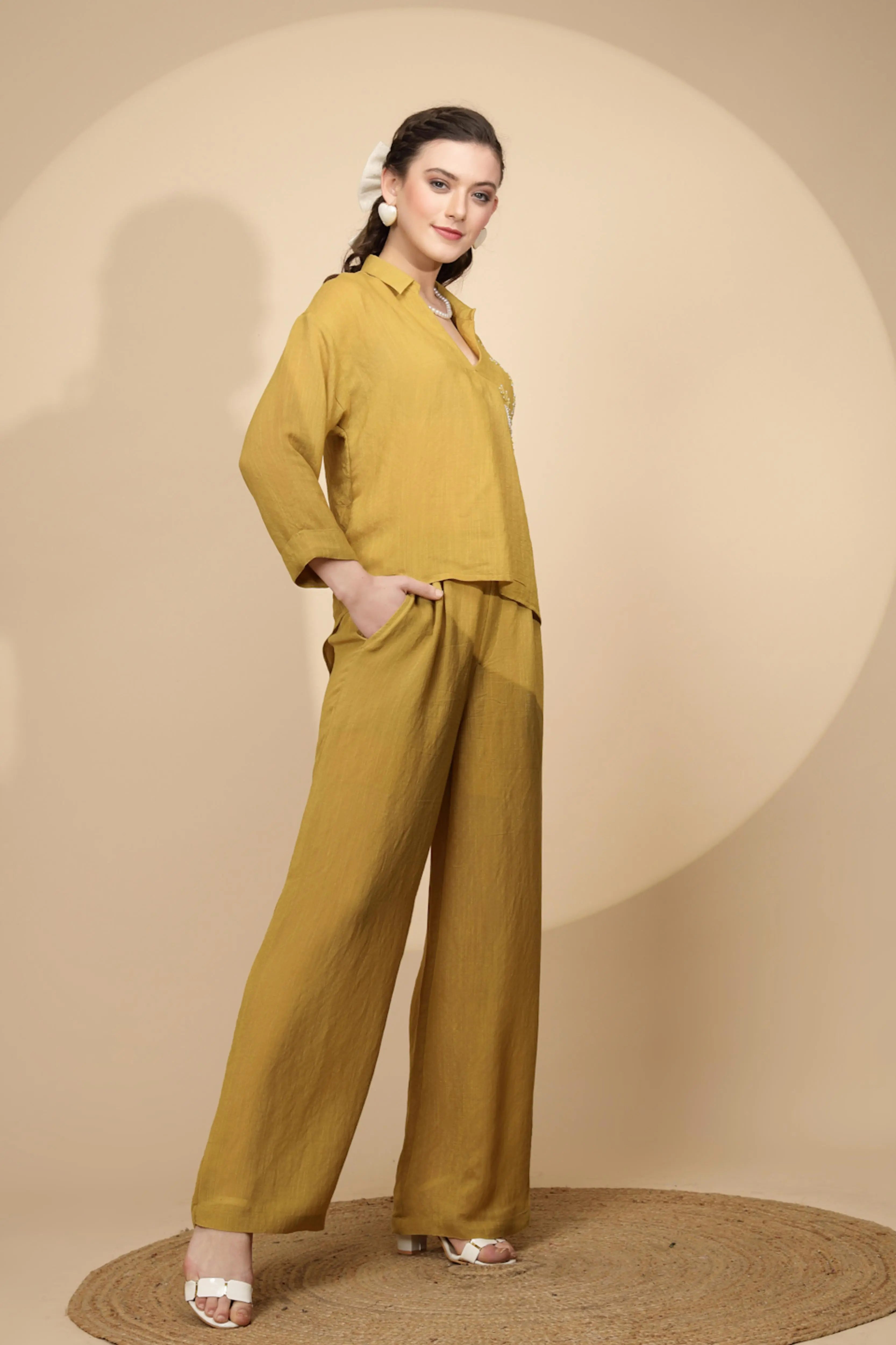 Mustard Rayon Regular Fit Co-Ord Set - Global Republic