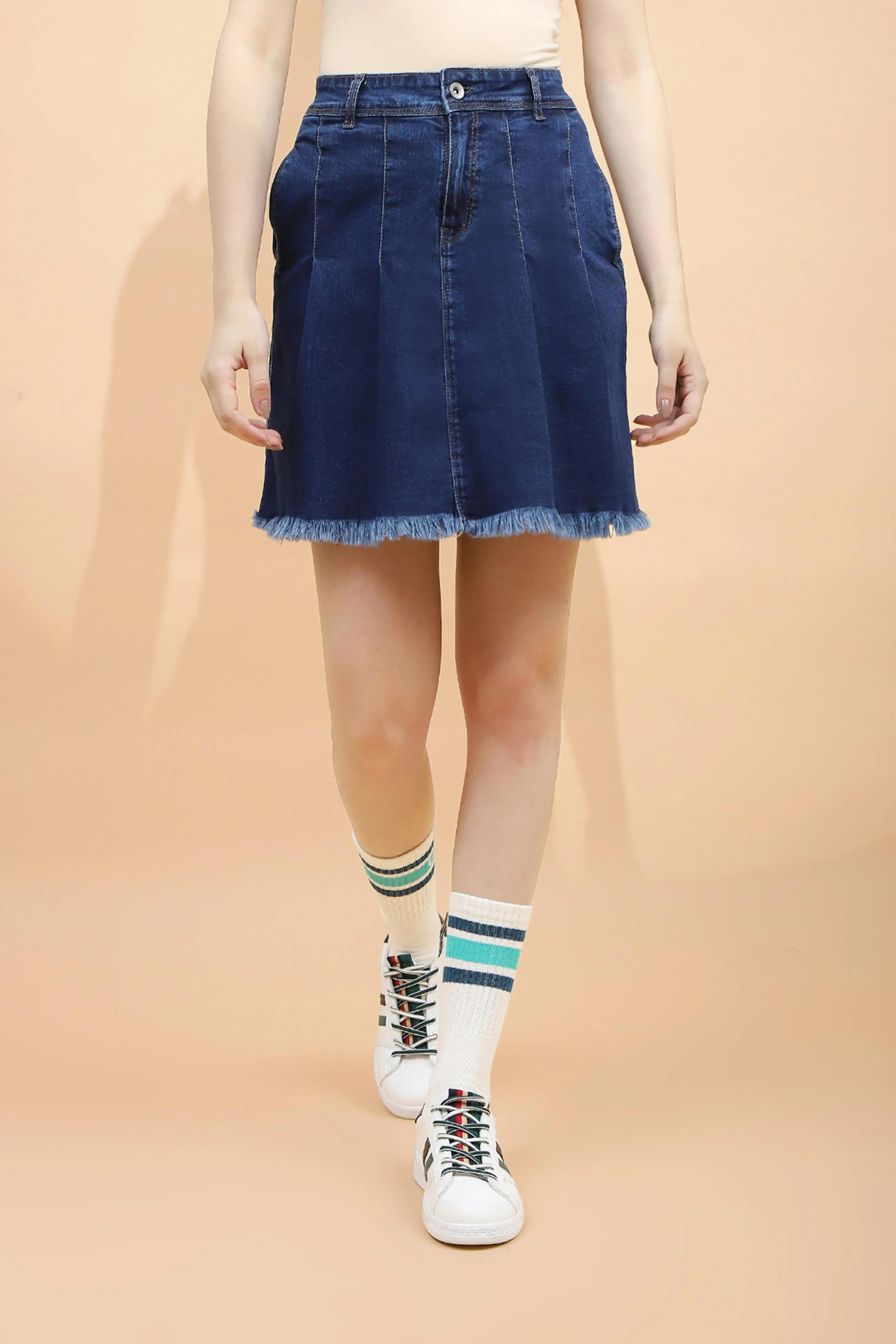 Blue Cotton Blend Regular Fit Skirt - Global Republic