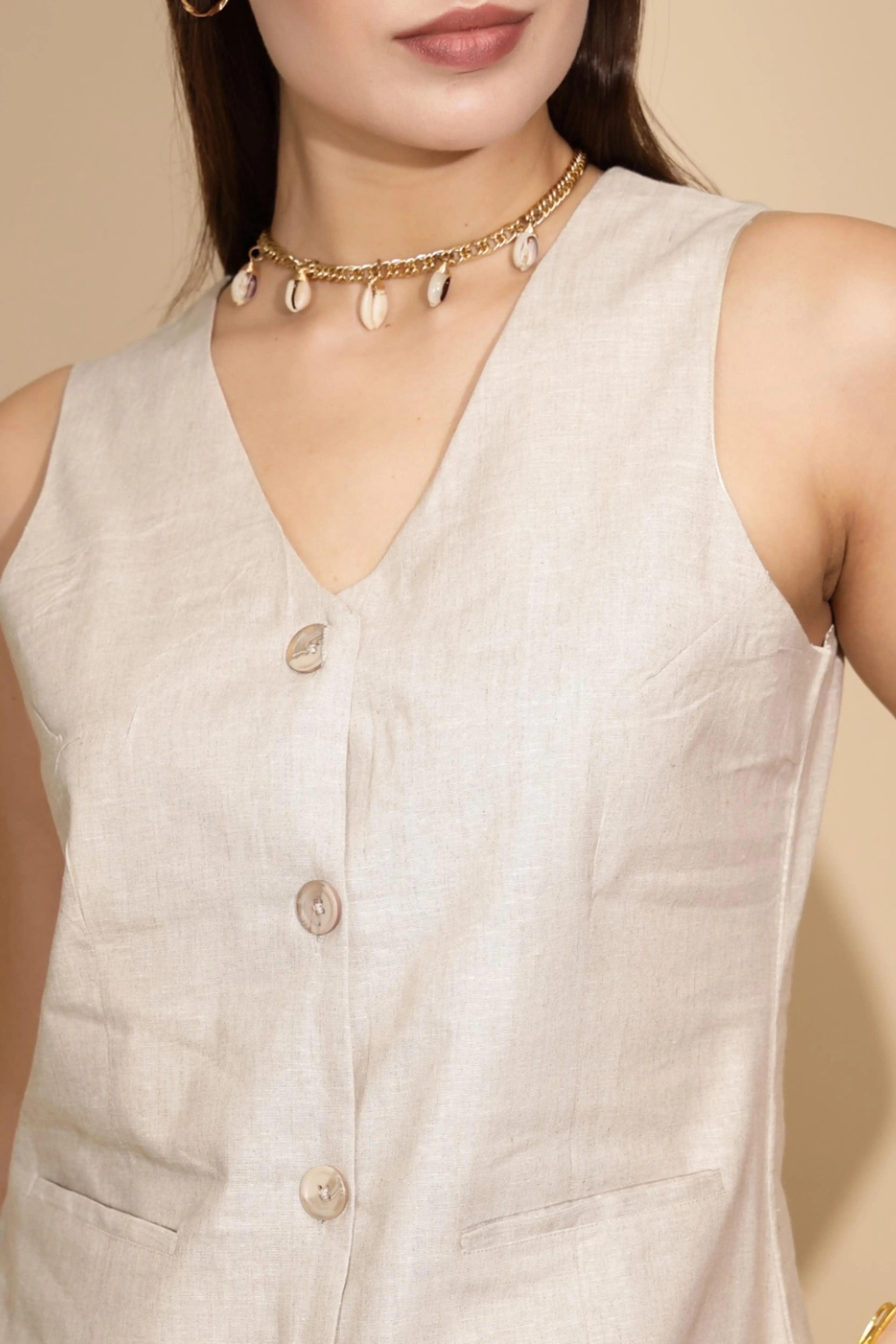 Beige Linen Regular Fit Waist Coat - Global Republic